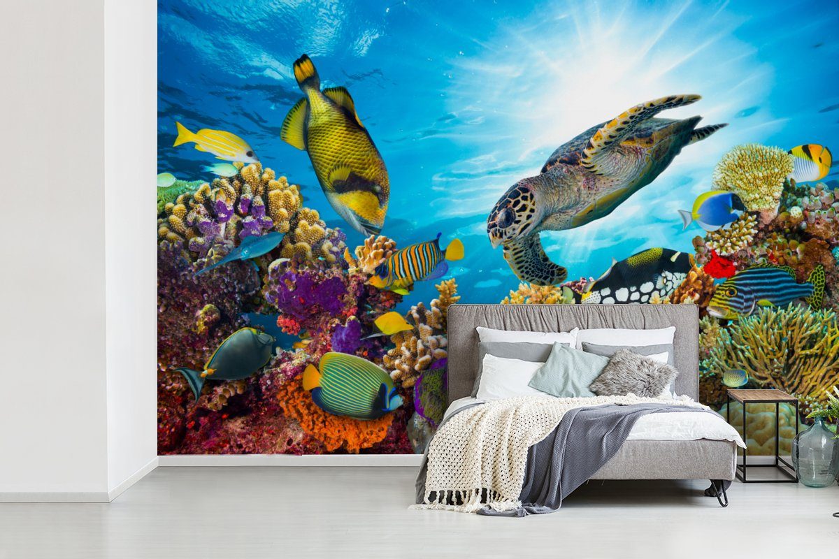 MuchoWow Fototapete Schildkröte - Meer Tapete - (6 Koralle, Matt, für Vinyl Kinderzimmer, Wohnzimmer, Schlafzimmer, Wallpaper St), bedruckt