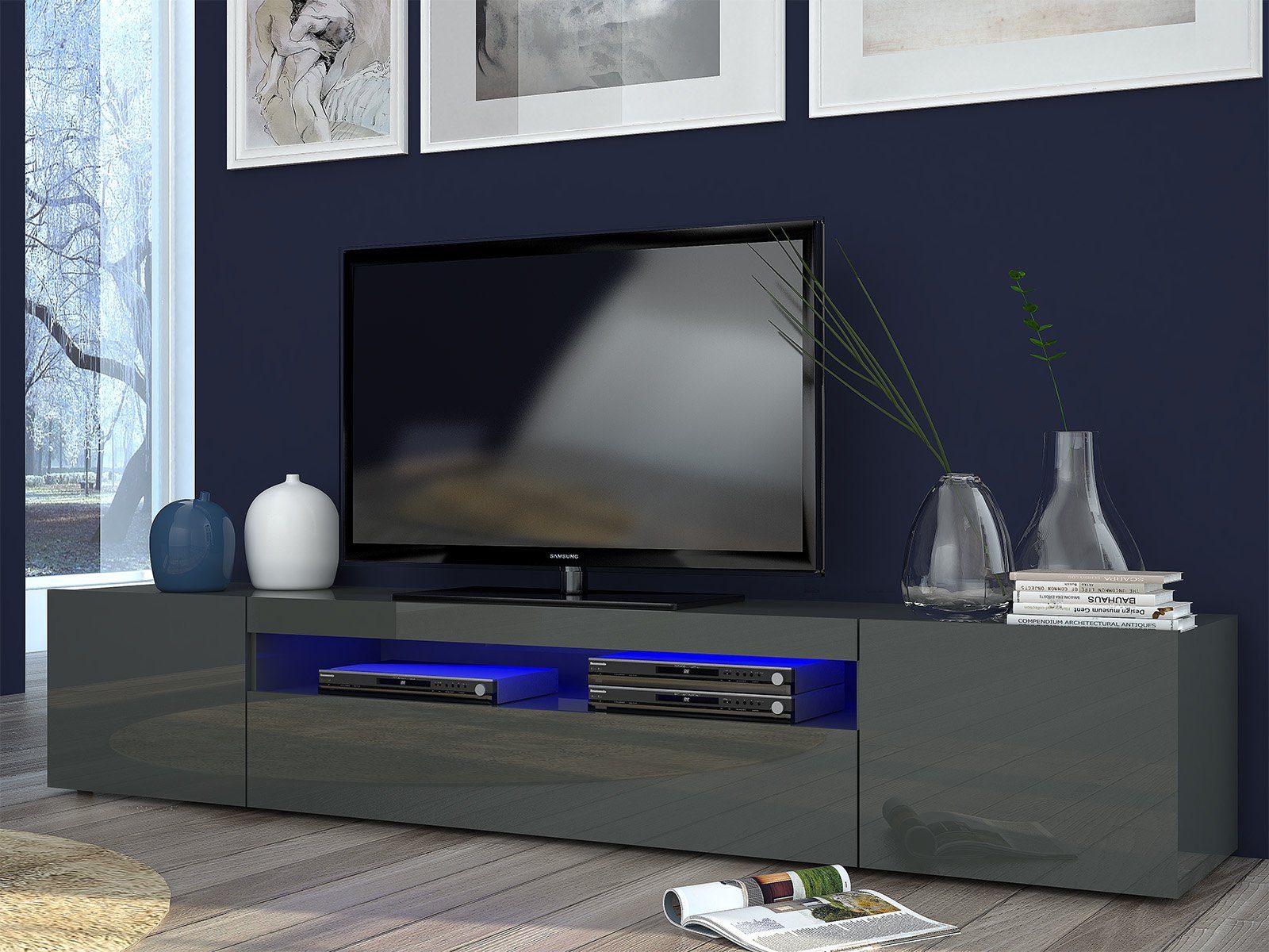 möbelando TV-Board Daiquiri, Modernes TV-Lowboard aus Spanplatte in  Anthrazit-Hochglanz mit 1 Klappe, 2 Türen und 1 offenes Gerätefach. Breite  200 cm, Höhe 36,2 cm, Tiefe 40 cm.