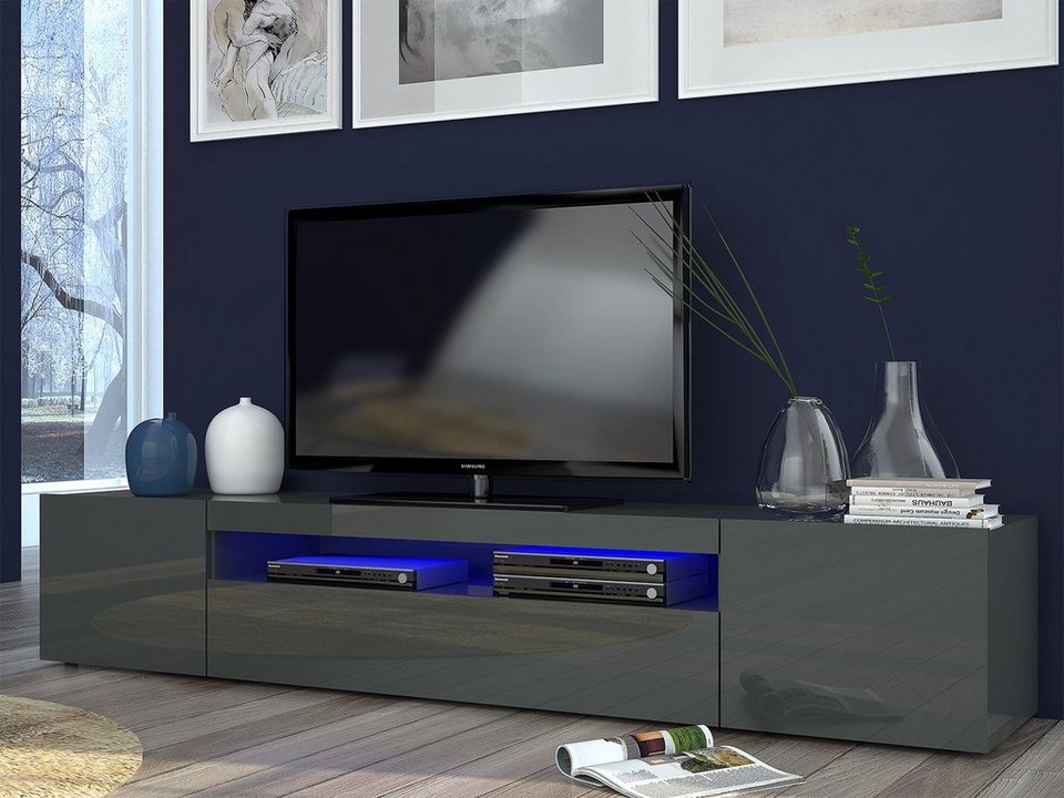 möbelando TV-Board Daiquiri, Modernes TV-Lowboard aus Spanplatte in  Anthrazit-Hochglanz mit 1 Klappe, 2 Türen und 1 offenes Gerätefach. Breite  200 cm, Höhe 36,2 cm, Tiefe 40