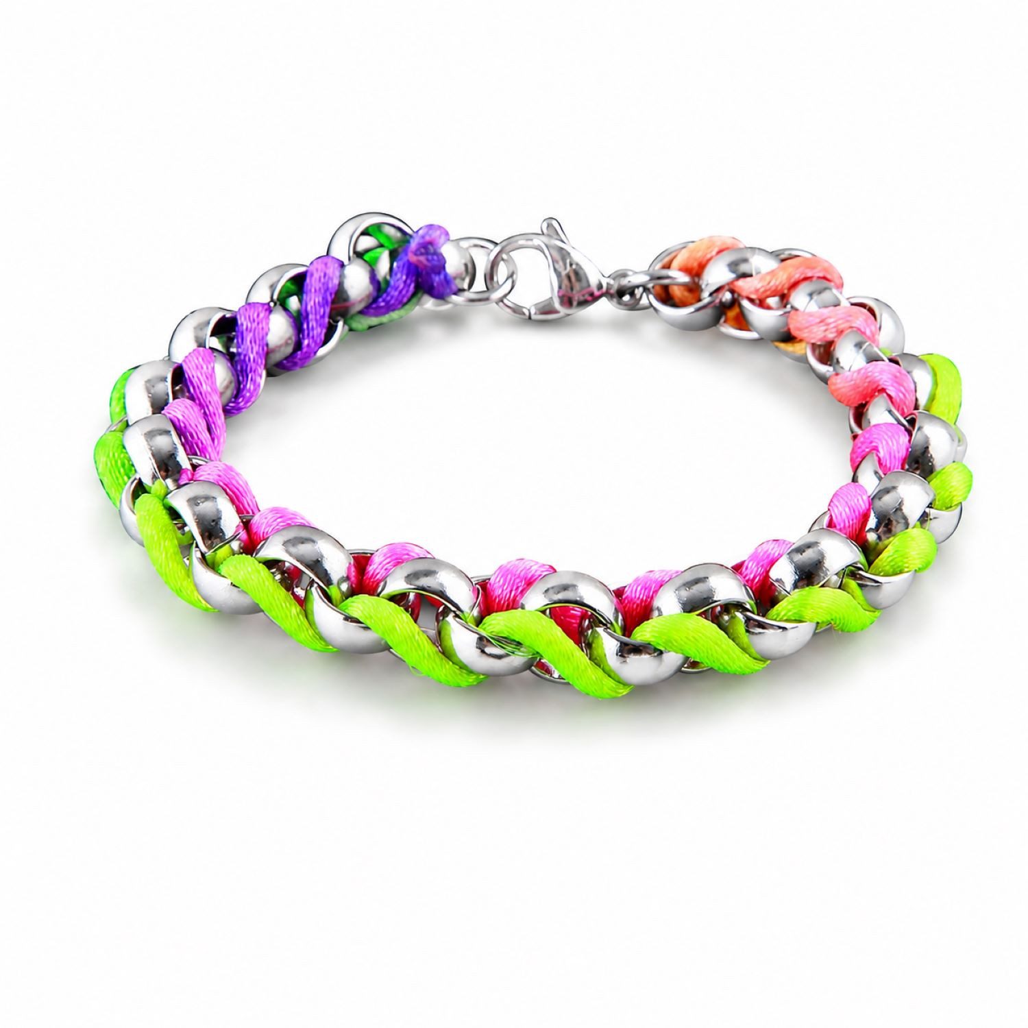 Kingka Gliederarmband aus Edelstahl mit eingeflochtenen Textilband neonfarben, Zu Shirt, Hoodie, Jeans, Sneaker! Büro, Urlaub, Party, Geschenkidee