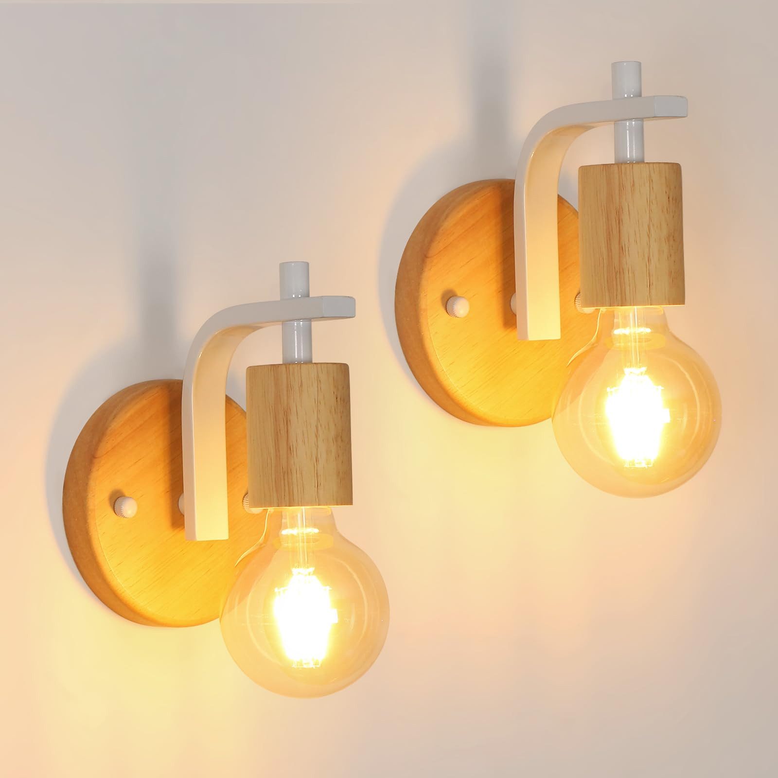 Riserva Wandleuchte 2er Set Wandleuchte E27 Holz Weiß Vintage Wandlampe U-Form