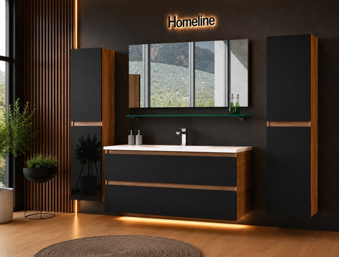 Homeline Badmöbel-Set Kaiser badmöbel, Set Eiche/Schwarz mit Ablage Spiegel Bad, (5-St., Bis 6 teilig), Hochglanz