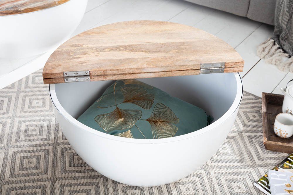 riess-ambiente Couchtisch INDUSTRIAL STORAGE Ø60cm weiß / natur (Einzelartikel, 1-St), Wohnzimmer · Massivholz · Metall · rund · mit Stauraum · handmade