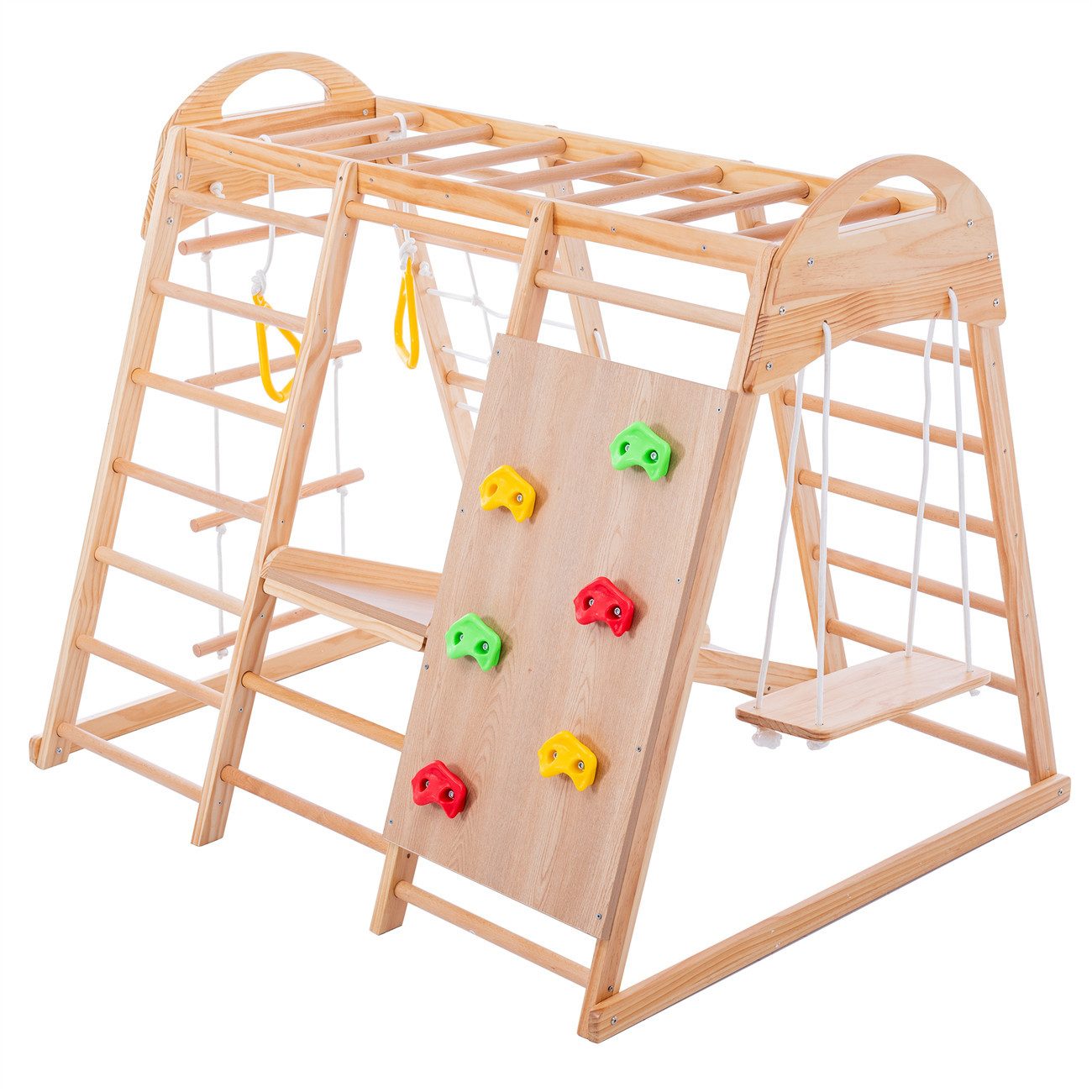 autolock Klettergerüst 7-in-1-Multi-Klettergerüst,Schaukel, Kletterleiter,plattenrutsche, aus Massivholz,Sperrholz und Buchenholz.Kletterstein aus Kunststoff