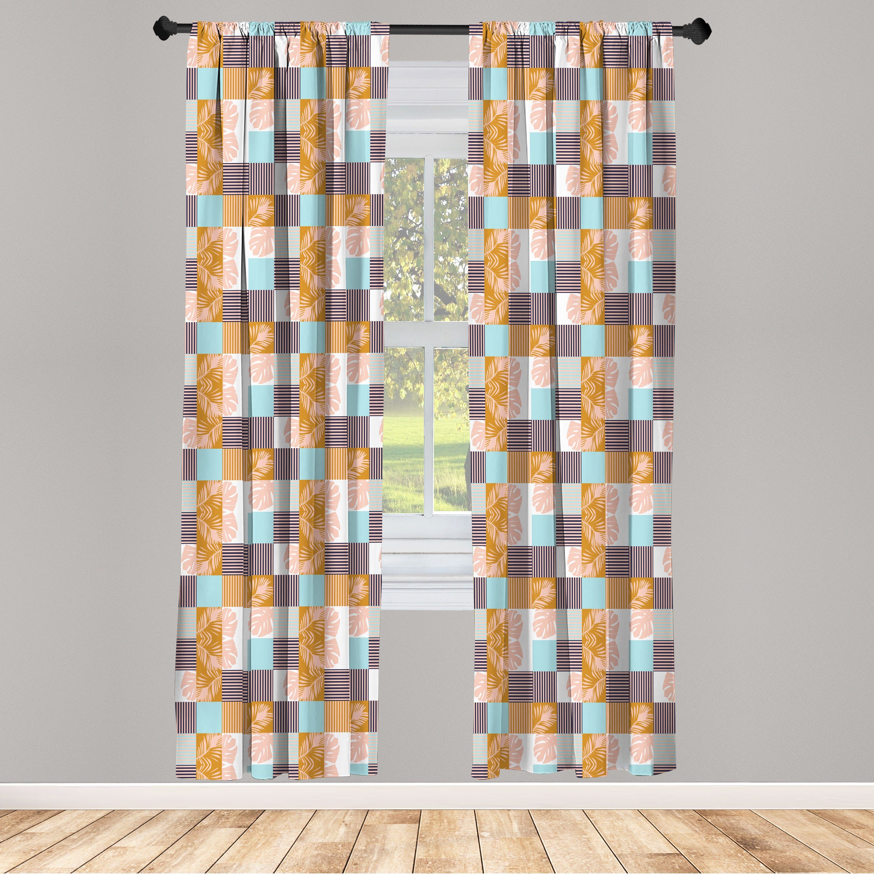 Gardine Vorhang für Wohnzimmer Schlafzimmer Dekor, Abakuhaus, Microfaser, Abstrakt Palm Blätter und Streifen
