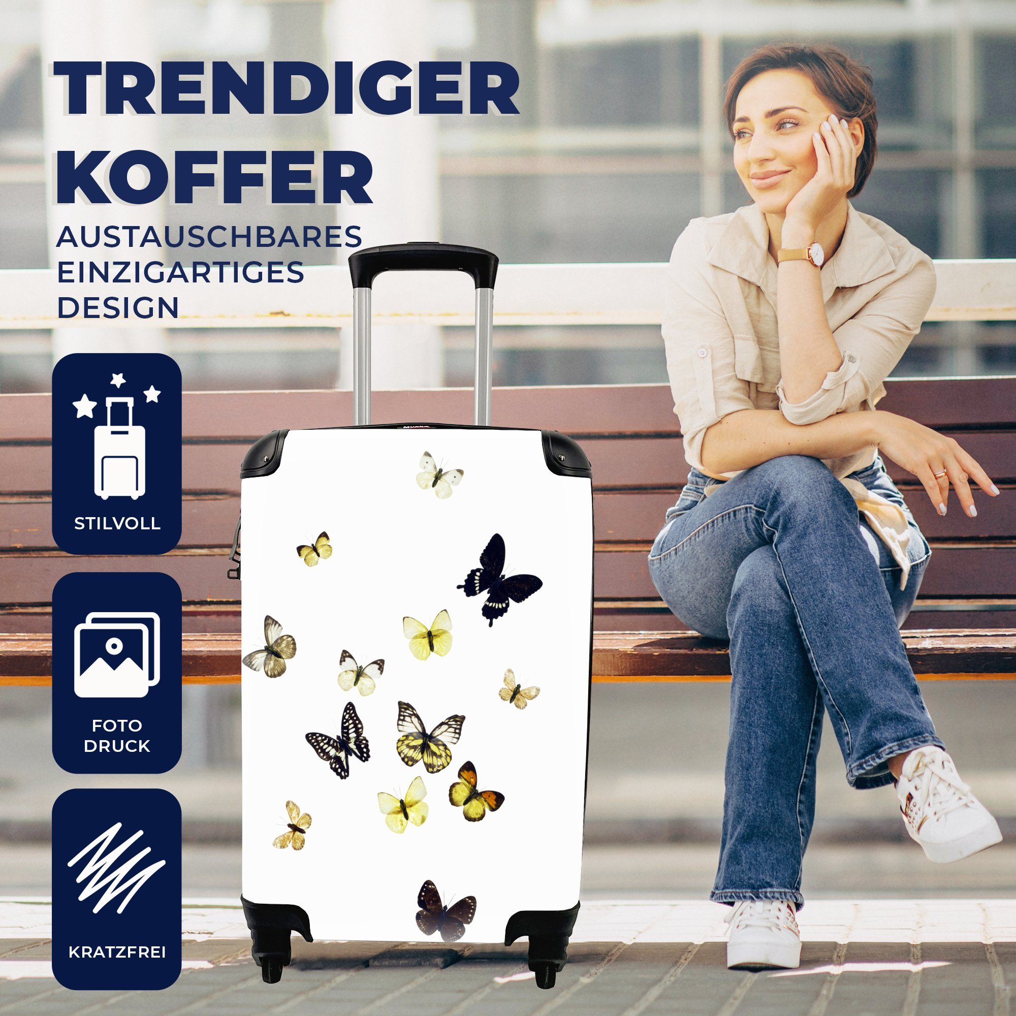 4 Handgepäck Reisetasche Handgepäckkoffer rollen, Reisekoffer für MuchoWow weißem Hintergrund, Ferien, Trolley, mit auf Schmetterlinge Rollen,