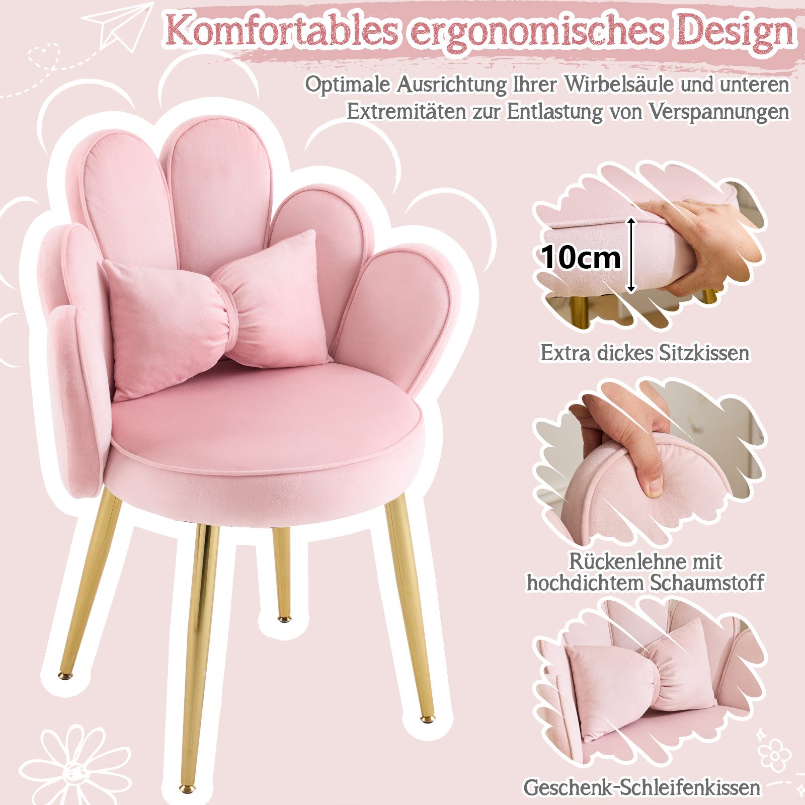 VINGLI Polsterstuhl mit Schleife Zierkissen, Schminktisch Stuhl, Monderne Esszimmerstuhl – Bild 4 von 5