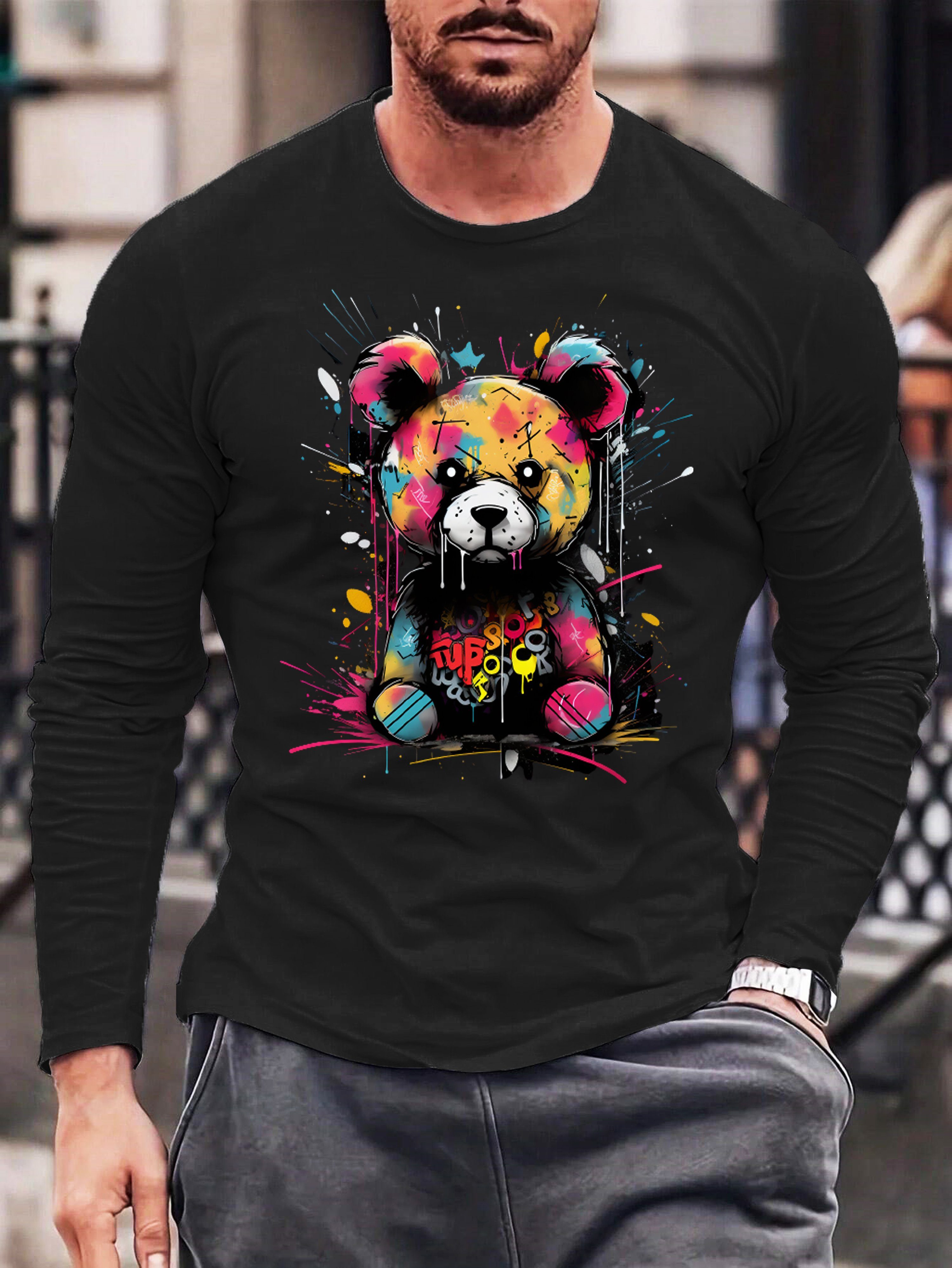 RMK Langarmshirt Herren Longsleeve Rundhals Basic Teddybär Bär aus Baumwolle, mit lizenziertem Print Schwarz-Gelb (Groß, Mitte)