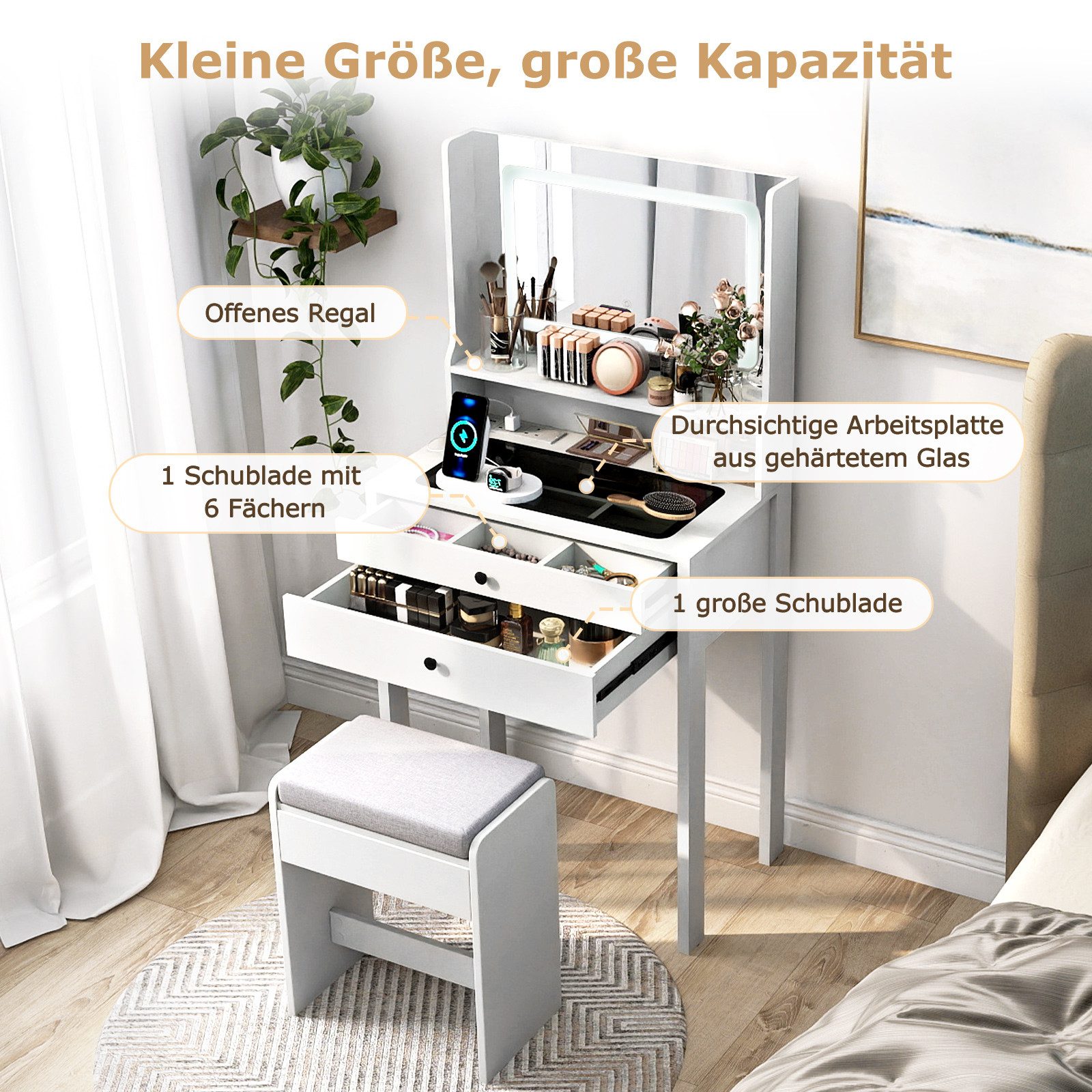 COSTWAY Schminktisch (1-St), Kosmetiktisch, mit Hocker, Steckdosen, LED Spiegel