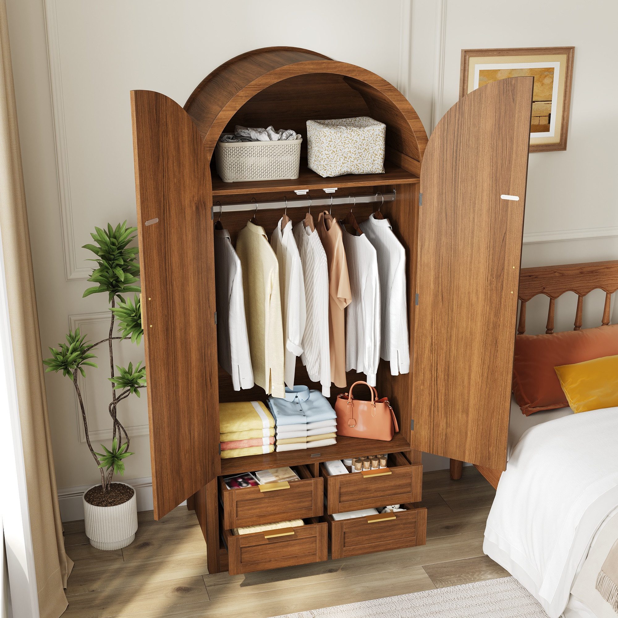 MODFU Kleiderschrank Praktischer Stauraumschrank mit Kleiderstange & Schubladen (Packung, 1-St., Nussbaum-Schrank mit Rattan-Türen, 80 cm Breite, 179 cm Höhe) Luxuriöser Kleiderschrank, für Schlafzimmer und Eingangsbereiche