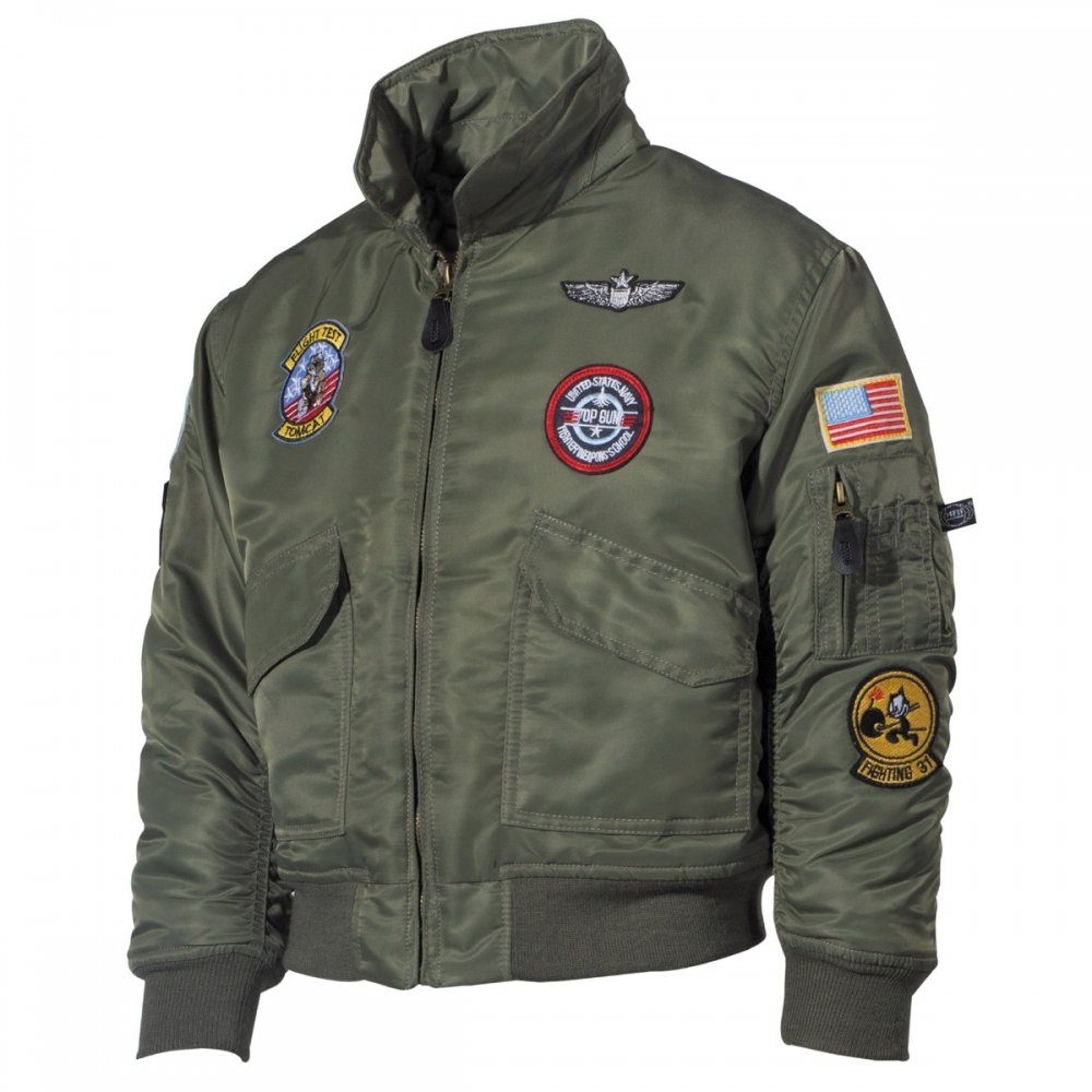 MFH Bomberjacke US Kinder-Pilotenjacke, CWU, oliv, mit Fliegerabzeichen - XL