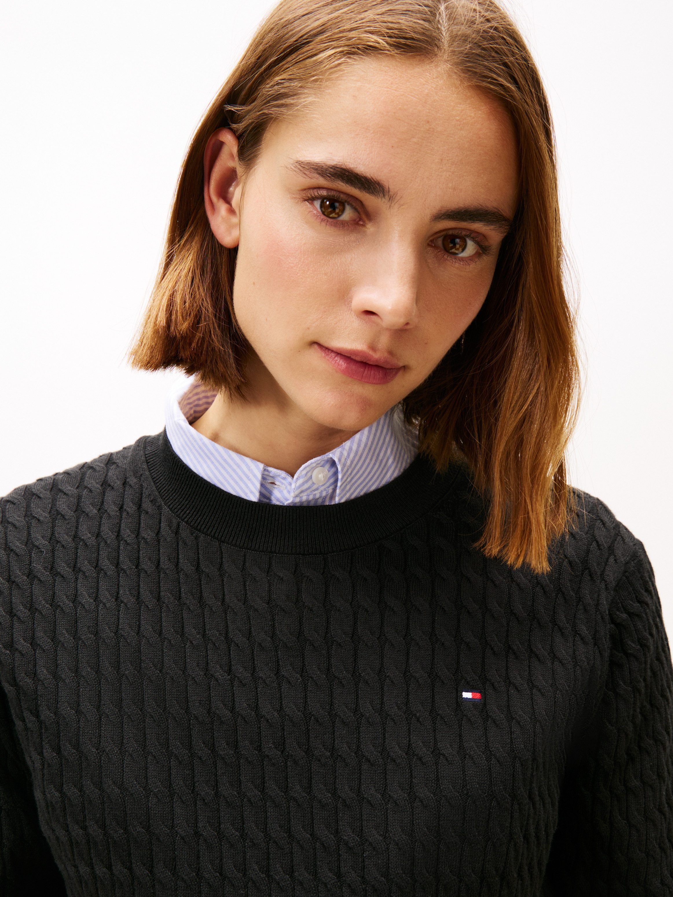 Tommy Hilfiger Rundhalspullover CO CABLE C-NK LS SWEATER Baumwolle, mit Zop günstig online kaufen