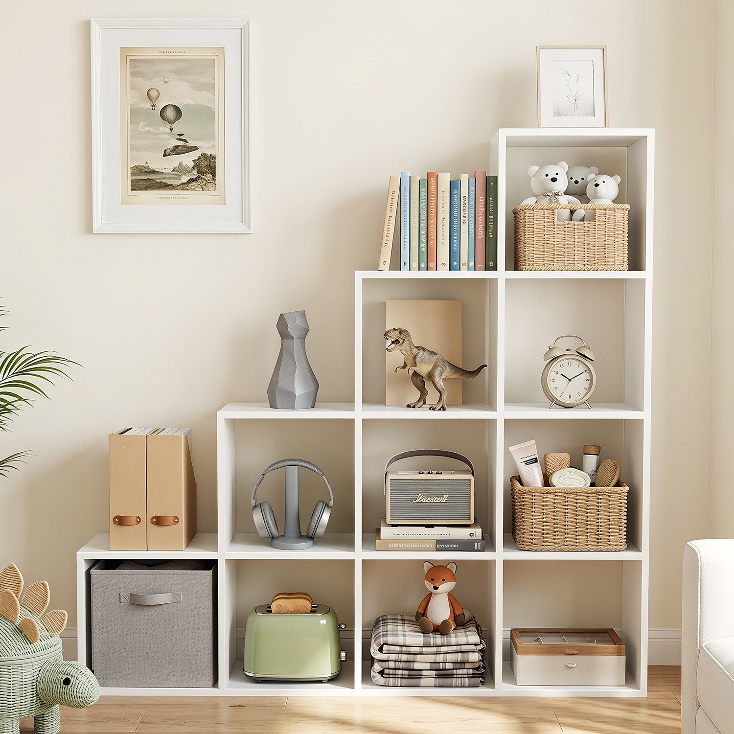 oyajia Bücherregal mit 10 Fächern, Regal offen, Stufenregal, Bücherregal, offenes Aufbewahrungsregal, 128 x 29 x 128 cm