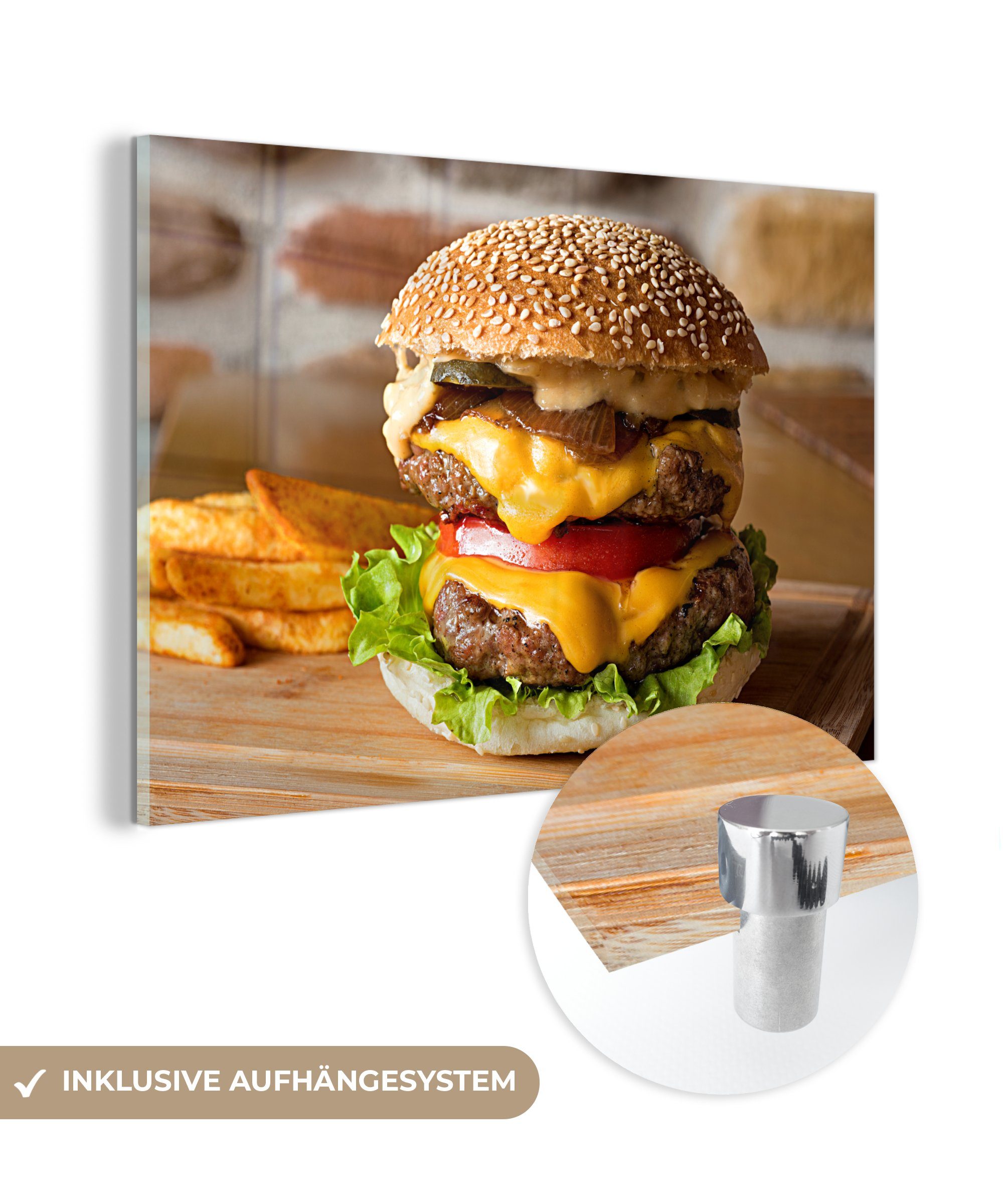 MuchoWow Acrylglasbild Fastfood-Burger mit Pommes frites, (1 St), Acrylglasbilder Wohnzimmer & Schlafzimmer