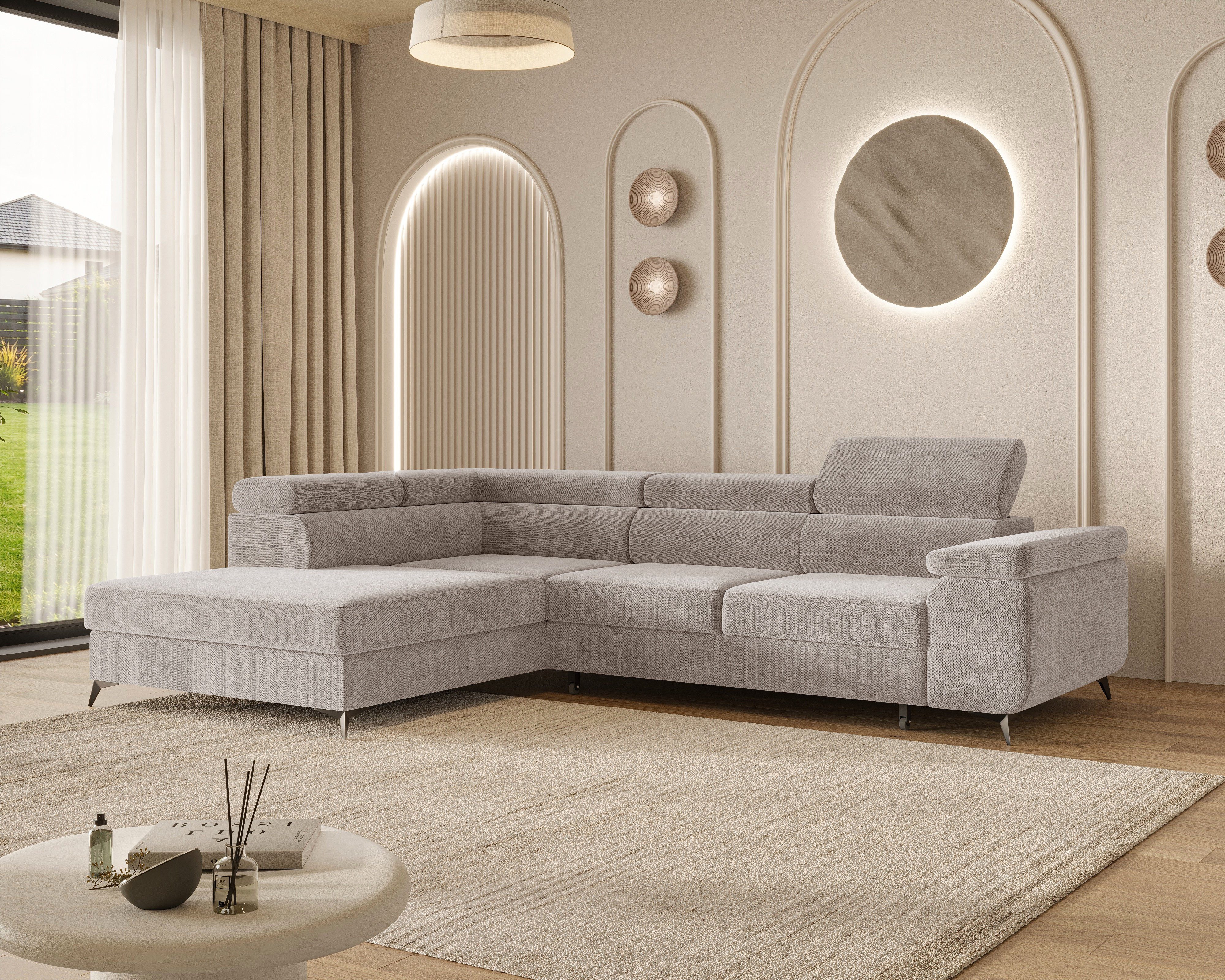 MOEBLO Ecksofa OSTIN, 290 cm – Modernes L-Sofa mit Schlaffunktion, Bettkasten und verstellbaren Kopfstützen, Cord oder Strukturstoff, - (BxHxT): 290 x 75–90 x 202 cm