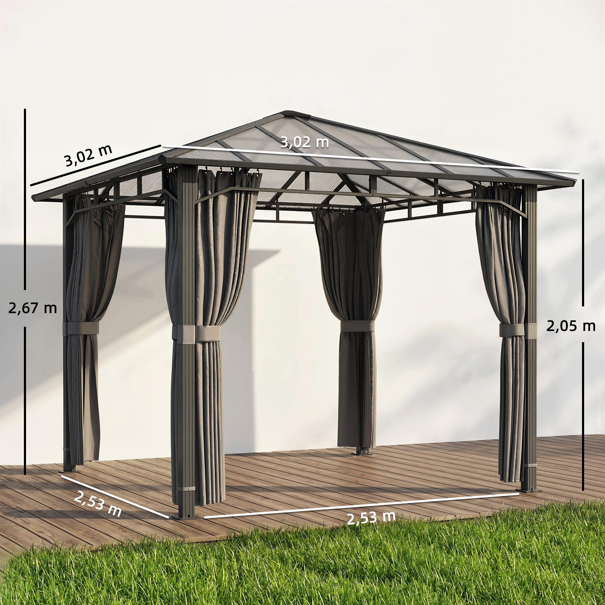 Outsunny Pavillon mit 6 mm Polycarbonat-Dach, 4 Seitenteile, mit 4 Seitenteilen, (Gartenpavillon, Pergola), Dunkelgrau