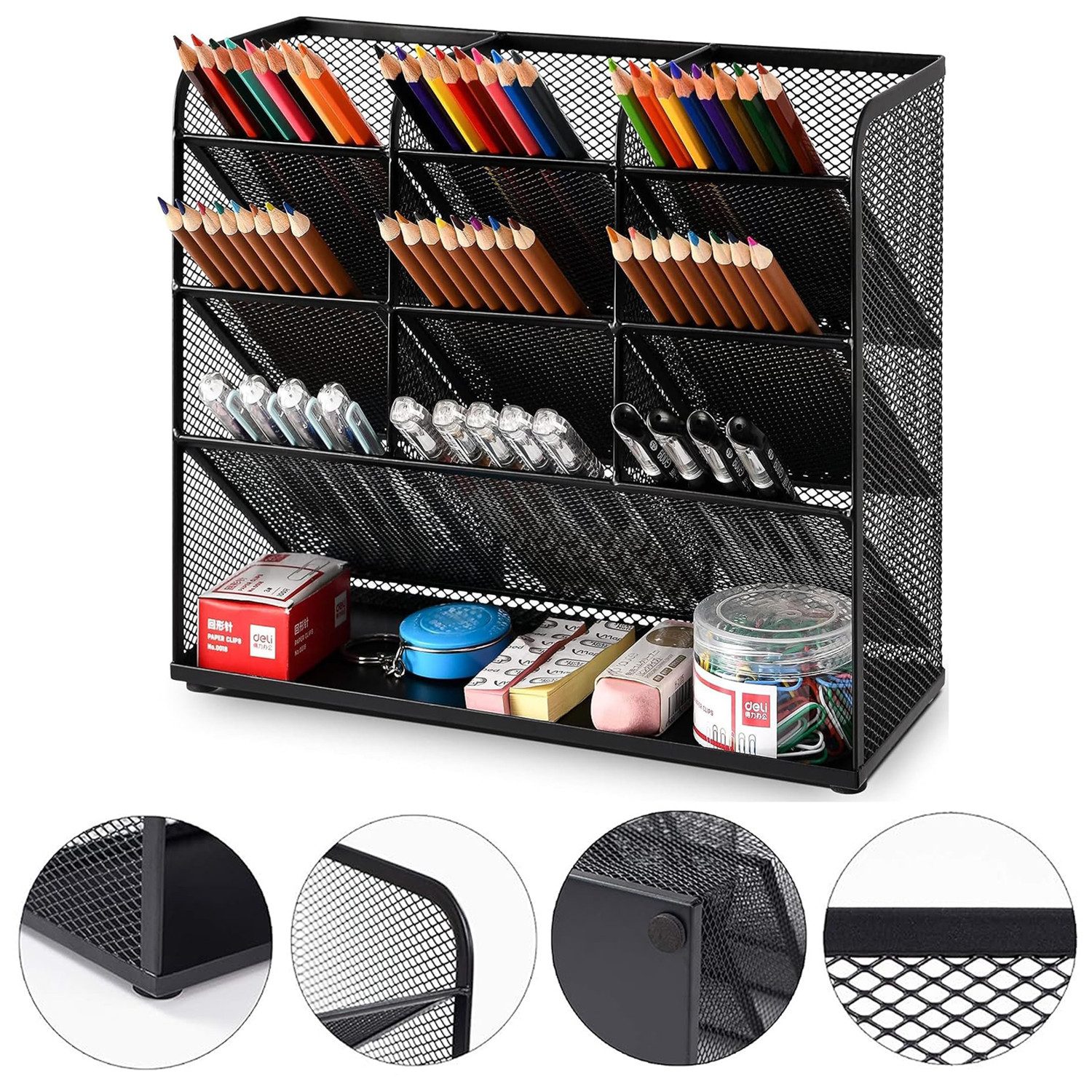 MODFU Organizer Schreibtisch Organizer Stifthalter Schreibtischorganizer Mesh Metall (Netz Desk-Organizer mit 9 Fächern und einem Regal, Platzsparendes Büro-Organizer Große Kapazität), Büro Schule Schreibtisch Bleistift Stifte Hefter Schreibwaren Lagerung