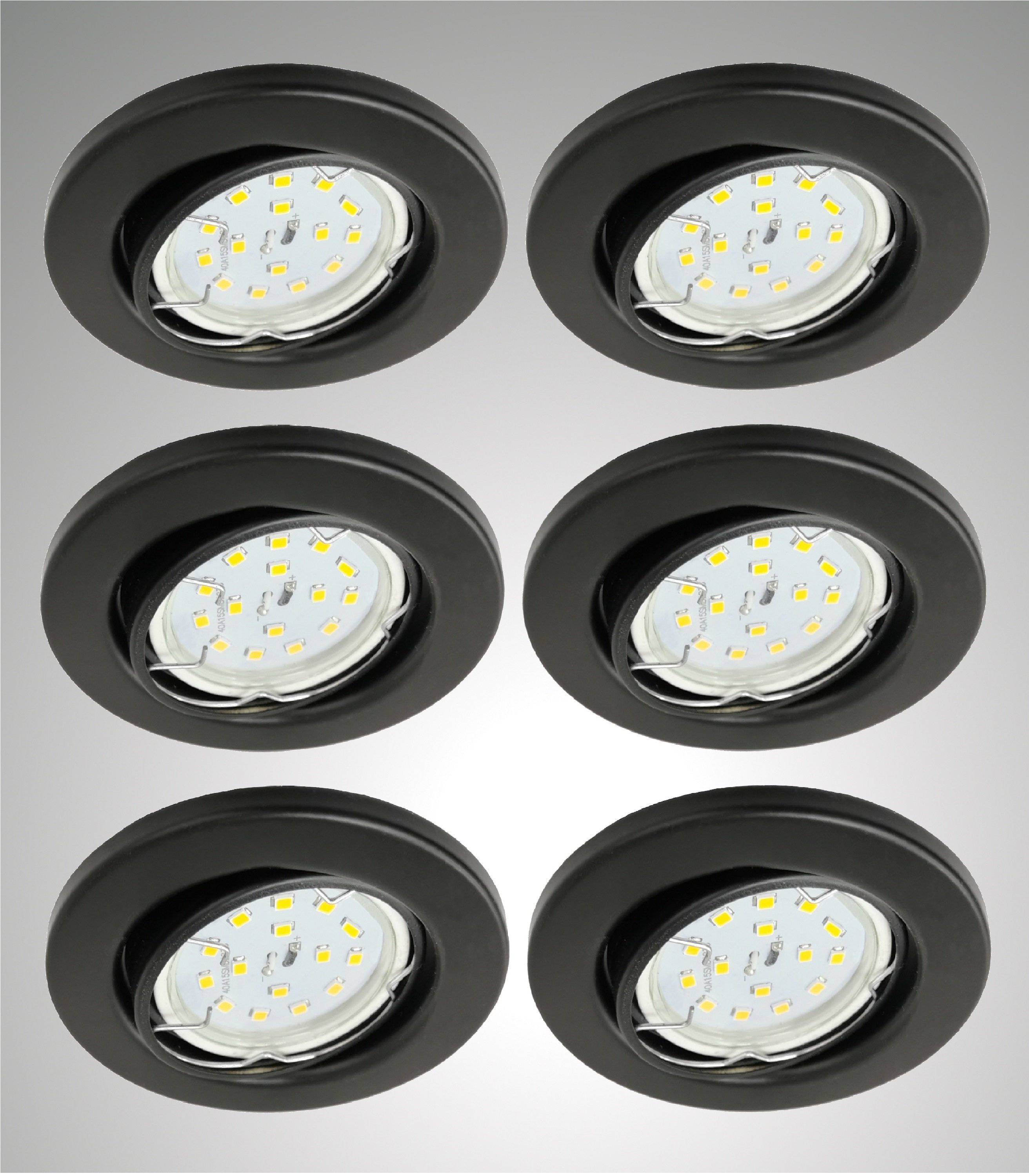 TRANGO LED Einbauleuchte, 6er Set 6729-065MO LED Einbaustrahler in Schwarz matt schwenkbar inkl. 6x 5 Watt 3000K warmweiß Ultra Flach LED Modul, Einbauspots, Deckenstrahler, Deckenlampe, Badleuchte, Deckenleuchte, Spots