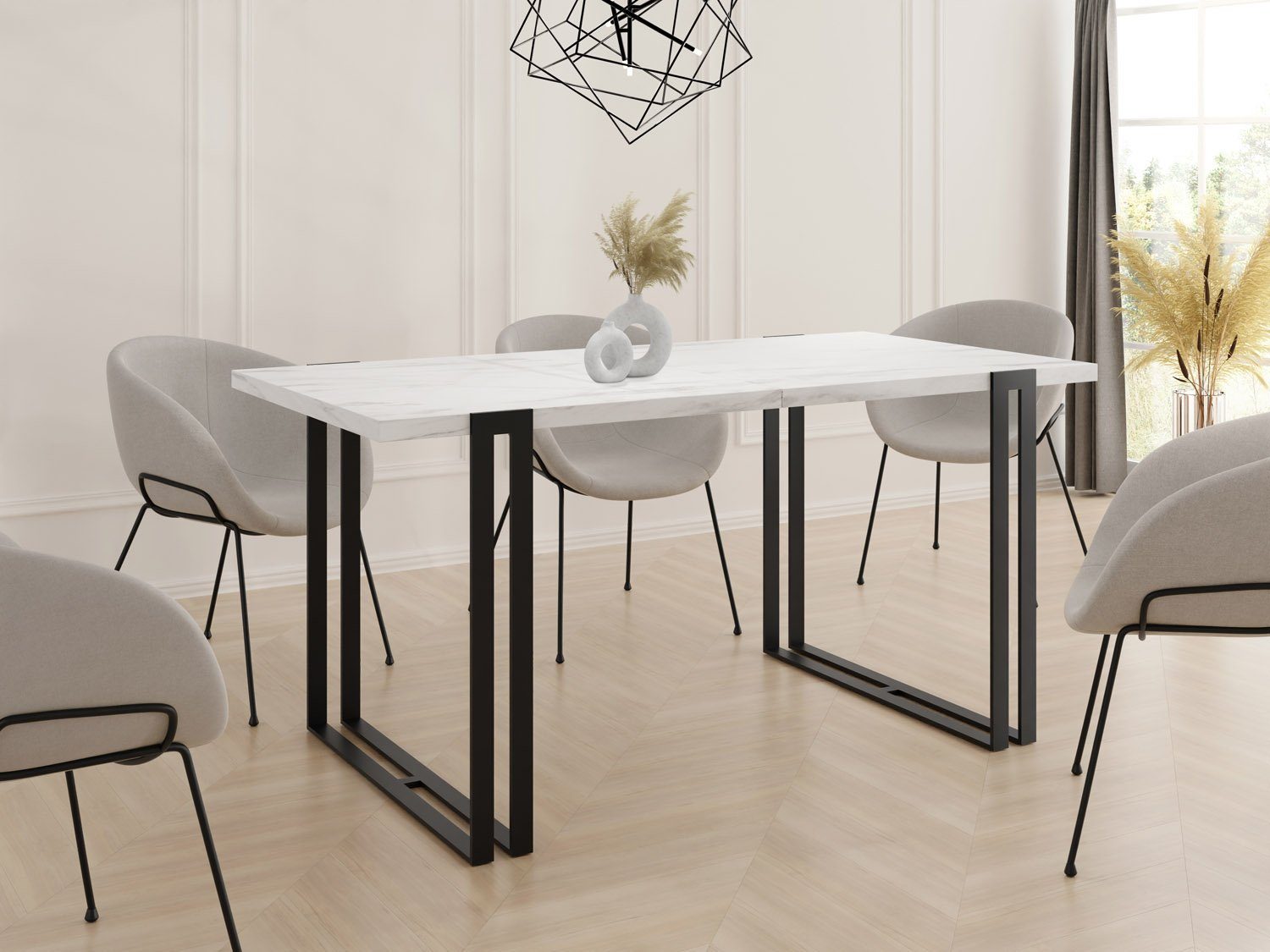 WFL GROUP Esstisch Weiß Loft-Stil Metallbeinen Marco, Schwarze Marmoroptik im Tisch mit