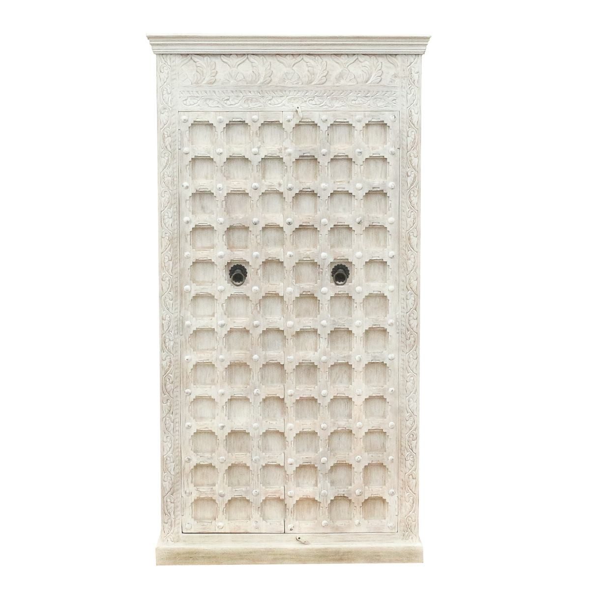 Oriental Galerie Mehrzweckschrank Weißer Schrank Khara Indien 190 cm Wohnzimmerschrank, Küchenschrank, Massivholz Antik