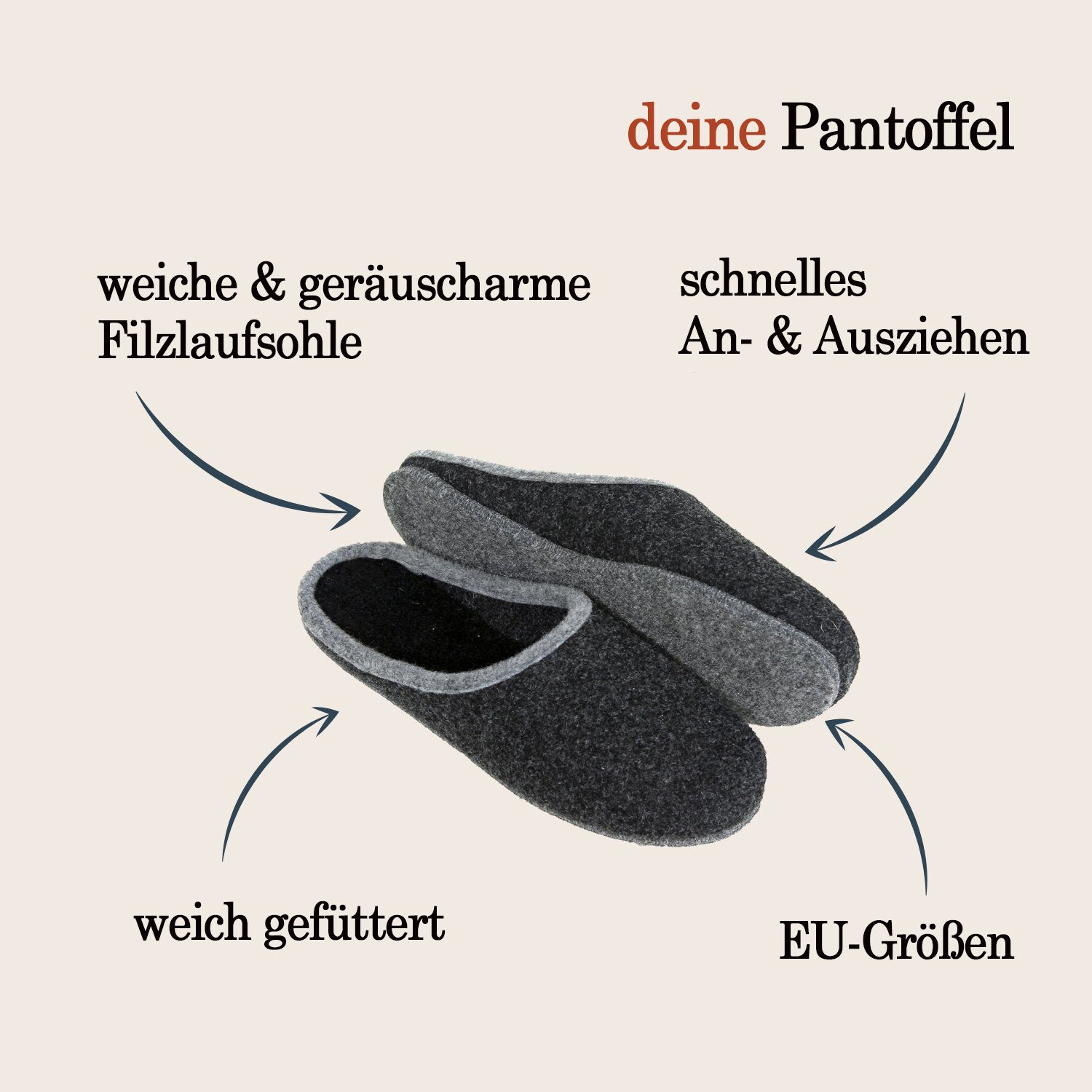 Pantoffelmann Wollfilzpantoffel Herren Filzpantoffel leichte Pantoffel Hausschuhe Pantoffel (1 Paar) Filzpantoffeln, Gästepantoffel besonders leicht