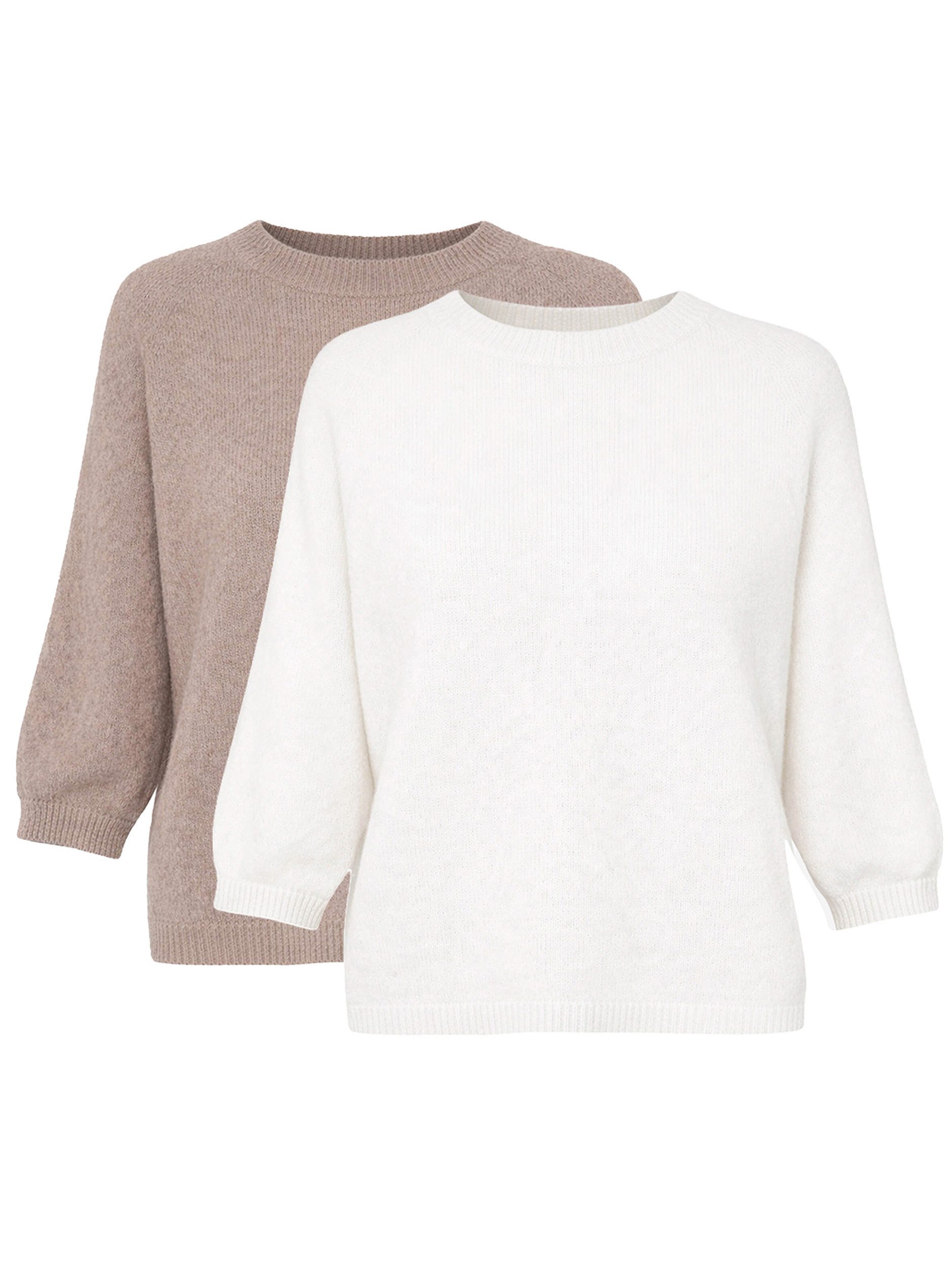 SASSYCLASSY Strickpullover Strickoberteil Set für Damen Weiche Tops mit halbangen Ärmeln und Runhalsausschnitt Taupe-Offwhite