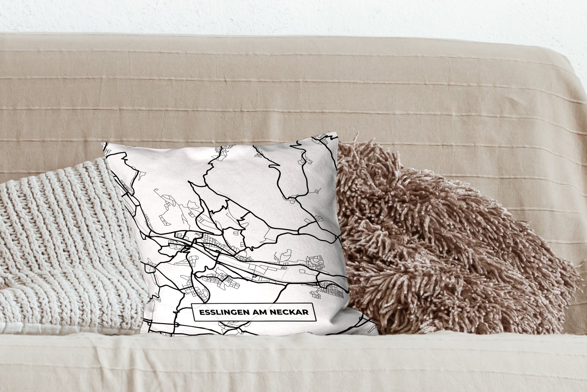 - Karte Neckar Schlafzimmer, Deko, - Dekokissen am Sofakissen Füllung Esslingen Wohzimmer, mit Stadtplan, MuchoWow Zierkissen für