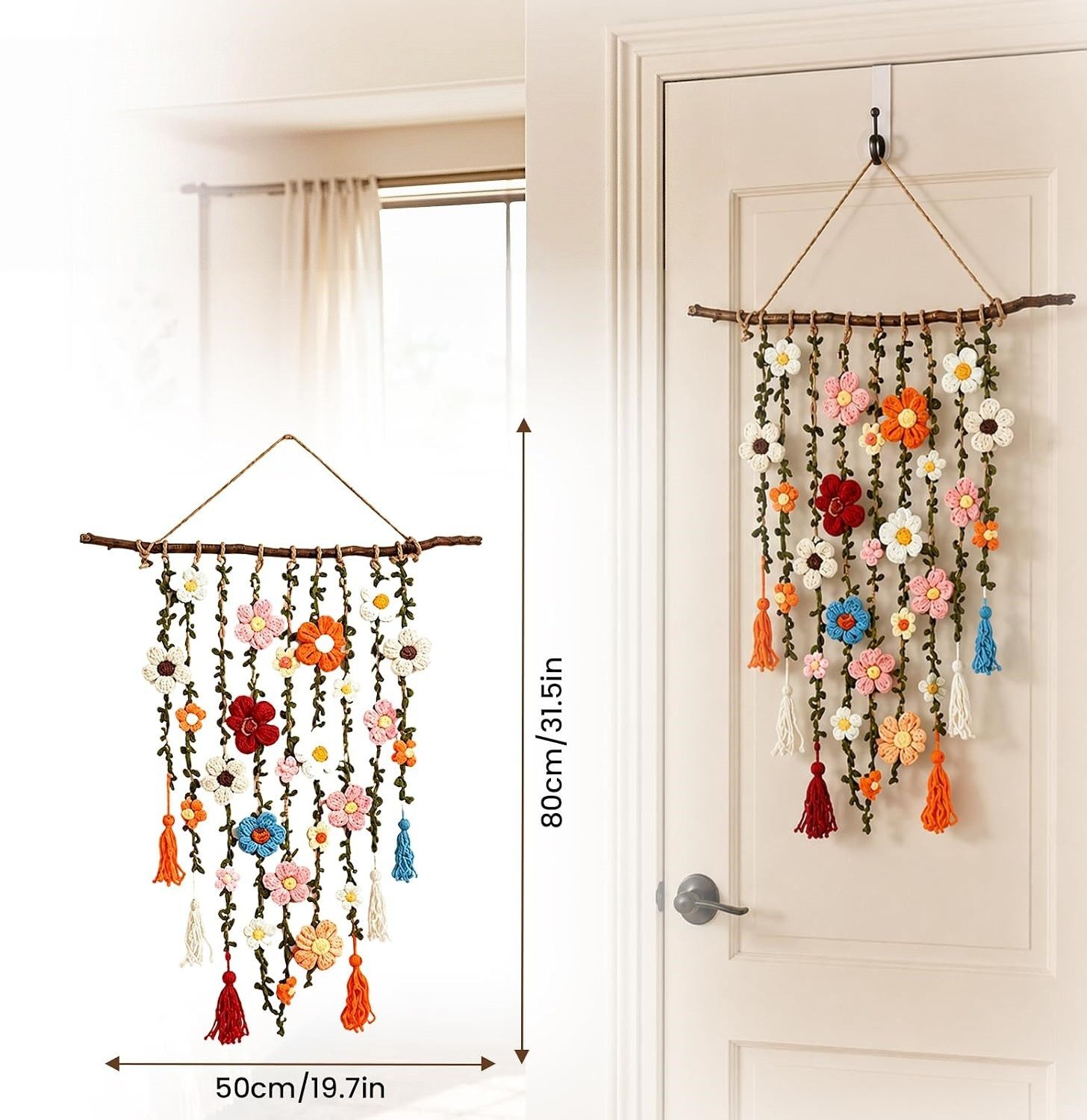 Diwzbyn Dekohänger Makramee-Wandbehang Gehäkeltes Blumendekor, Boho-Wandkunst Dekoration, für Schlafzimmer, Wohnzimmer, Flur, Büro, Café – Bild 2 von 5