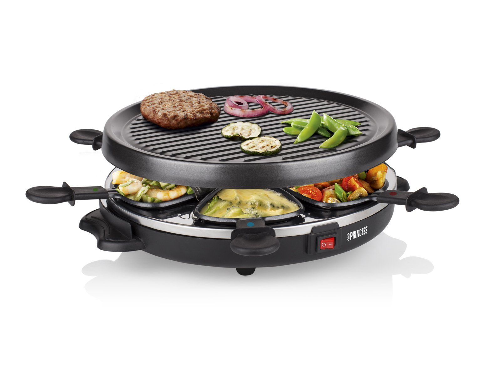 PRINCESS Raclette, 6 Raclettepfännchen, Gerät für 2-6 Personen runder Tischgrill Ø30cm Raclet Camping geeignet