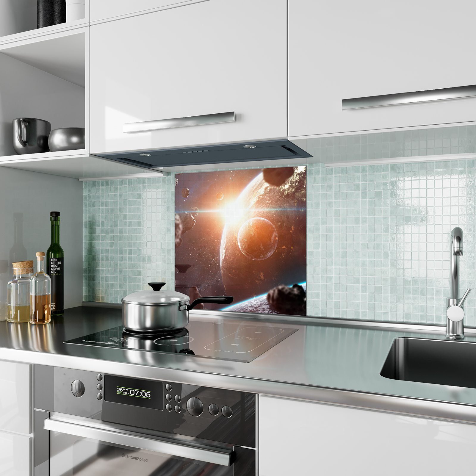 Glas Sonnenlicht im Primedeco Motiv Spritzschutz Küchenrückwand mit Küchenrückwand Weltall