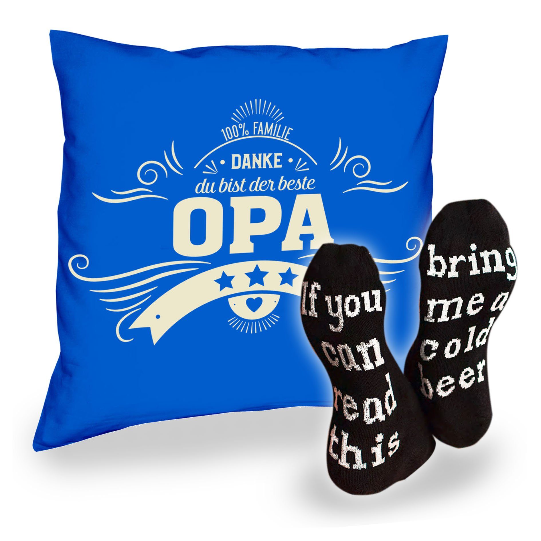 Soreso® Dekokissen Modellname: Kissen mit Füllung und Socken für Opa Großvater, Geburtstagsgeschenke Opas Royal Blau