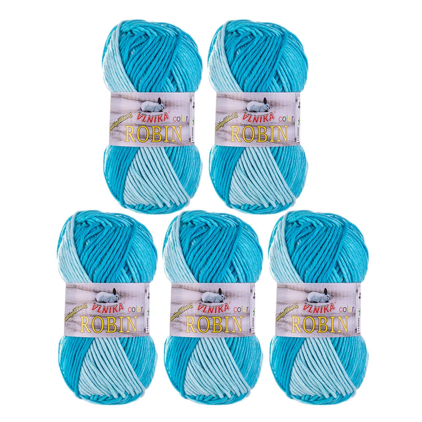 VLNIKA 5 x 100g Farbverlaufsgarn Robin Color Antipilling Strickgarn Häkelgarn Häkelwolle, 150 m, 04 blautöne