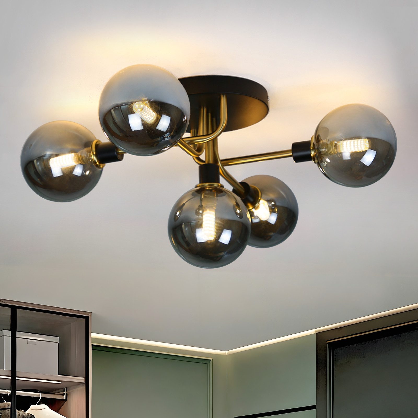 Nettlife LED Deckenleuchte Wohnzimmer 5 Flammig Glaskugeln Rauchgraues/Gold G9 Warmweiß, LED wechselbar, Warmweiß, Berstein Glaskugel,G9 Fassung