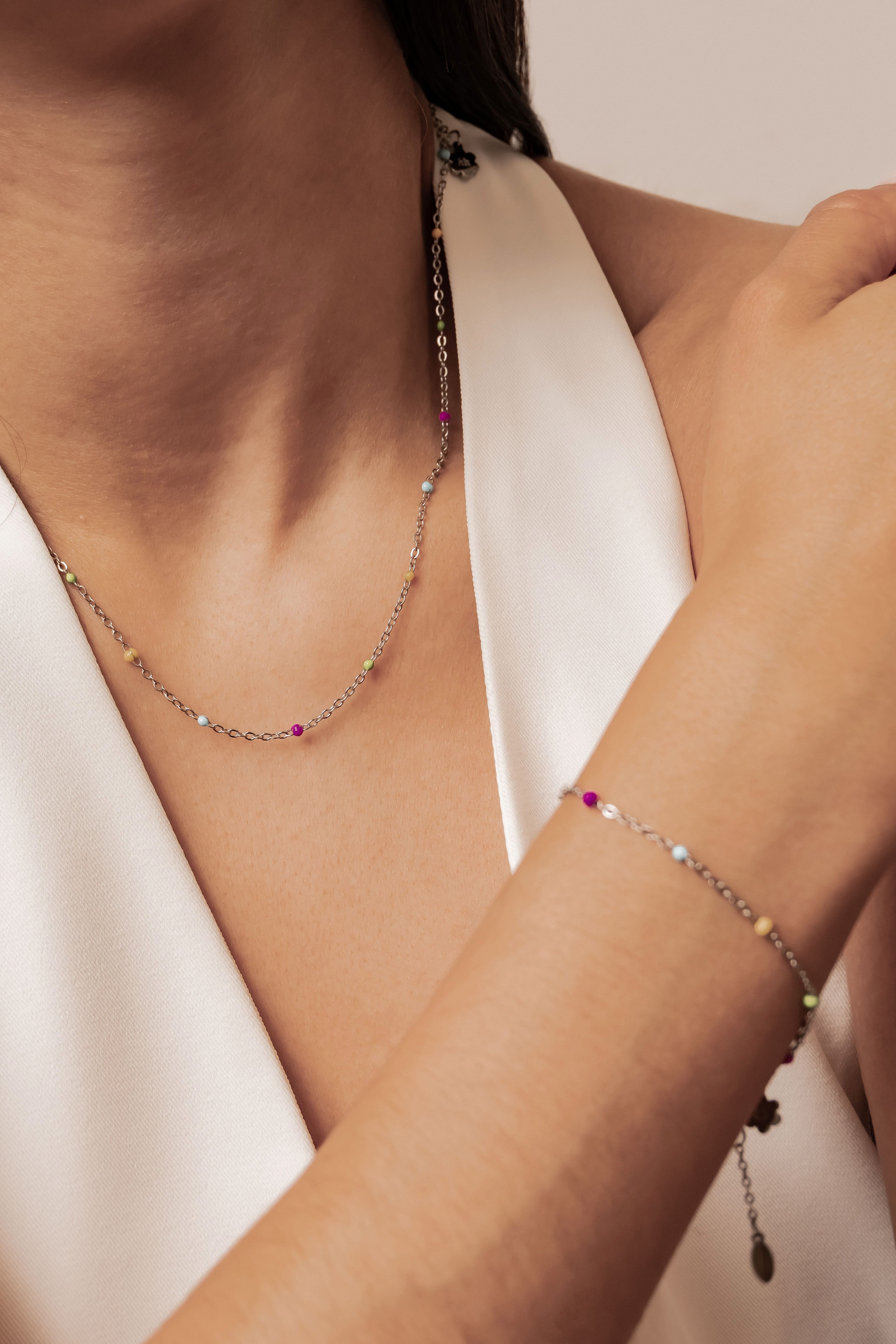 Hey Happiness Schmuckset Sommerfarben Filigranes Schmuckset, Kette & Armband Damen Edelstahl wasserfest mit bunten Perlen
