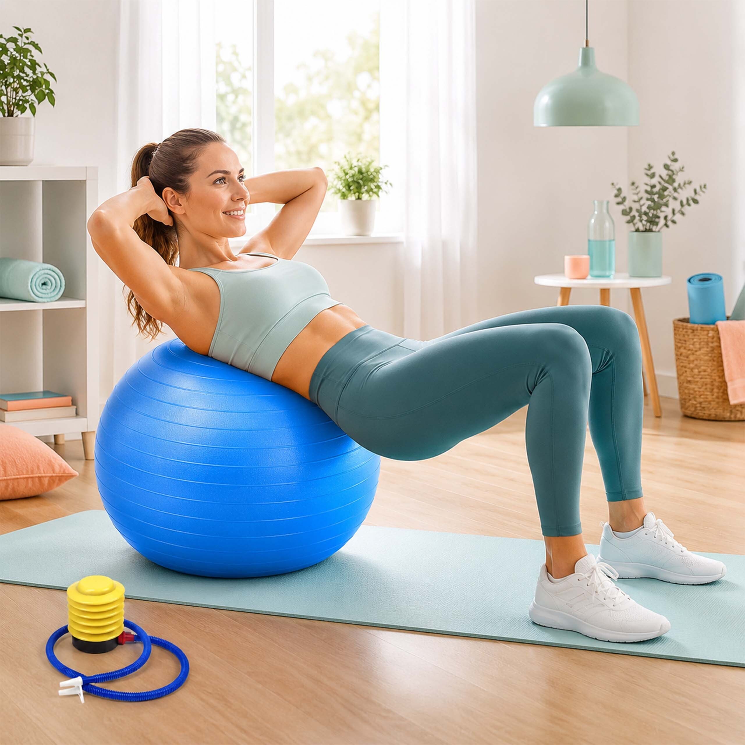 relaxdays Gymnastikball mit Luftpumpe (3-St), blau, Ø 65 cm – Bild 5 von 5