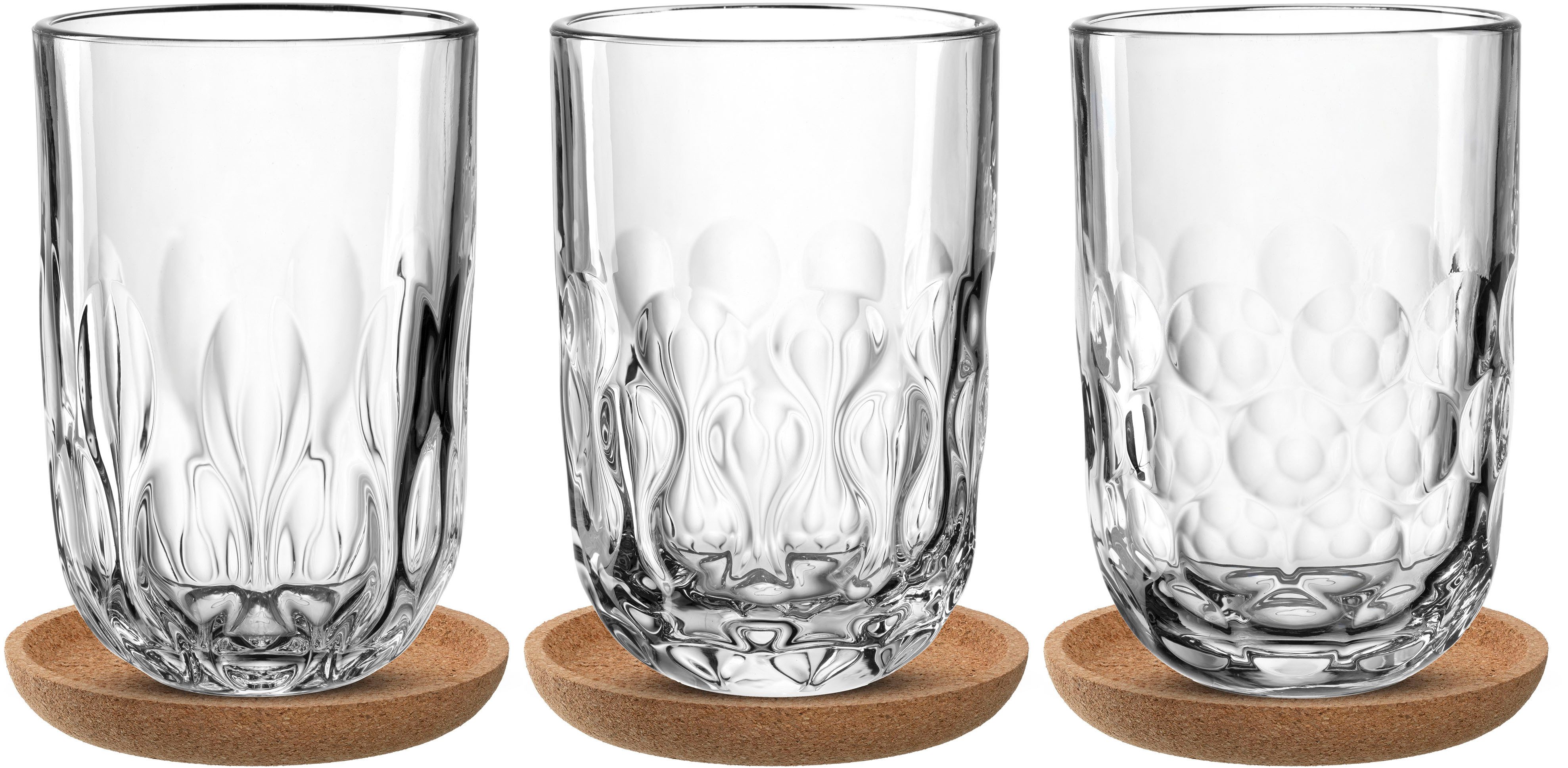 LEONARDO Gläser-Set Latte Macchiato-Set GOCCE, 380 ml, 6-teilig, 6-tlg., Glas, 3 Gläser mit unterschiedlichem Tropfenrelief, inkl. Kork-Untersetzer