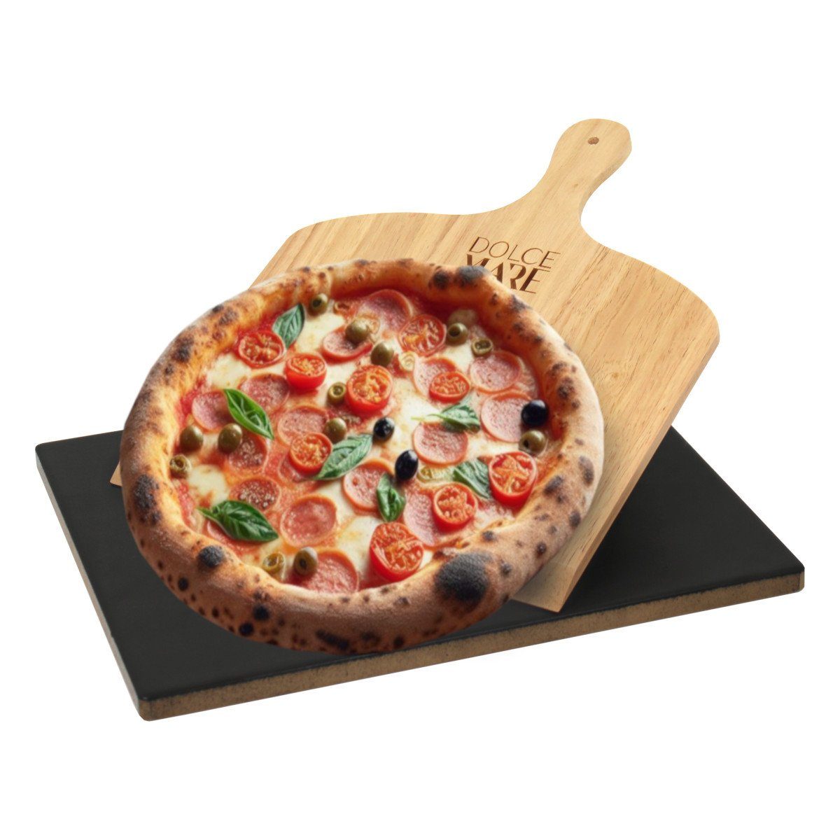 Dolce Mare Pizzastein Set schwarz Holz Pizzaschieber Brotbackstein, Cordierit