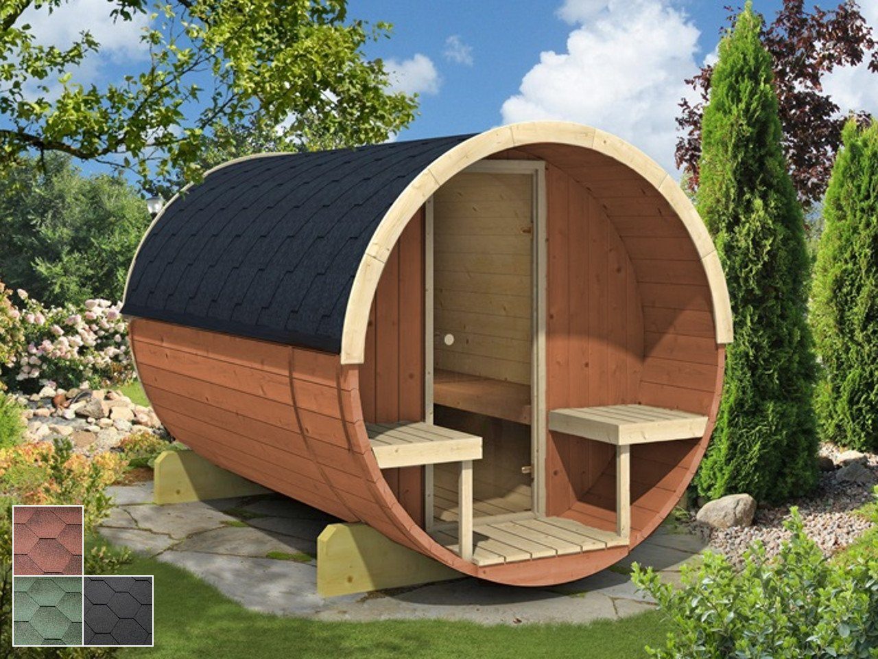 Finn Art Blockhaus Fasssauna Mika 5, 42 mm, Schindeln grün, Outdoor Gartensauna, ohne Ofen