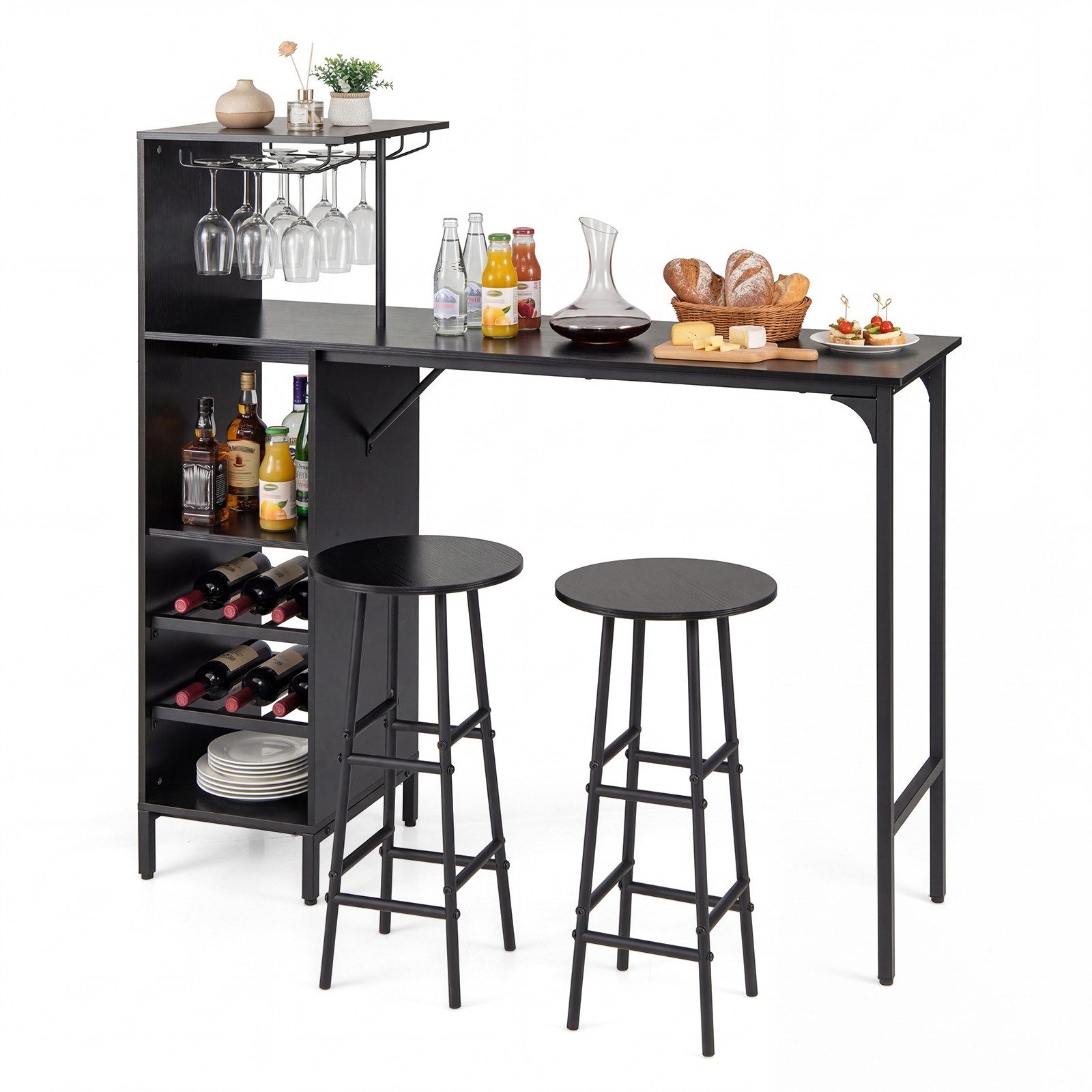 COSTWAY Bartisch mit Hockern, Weinregal & Halterungen (3 TLG), Küche