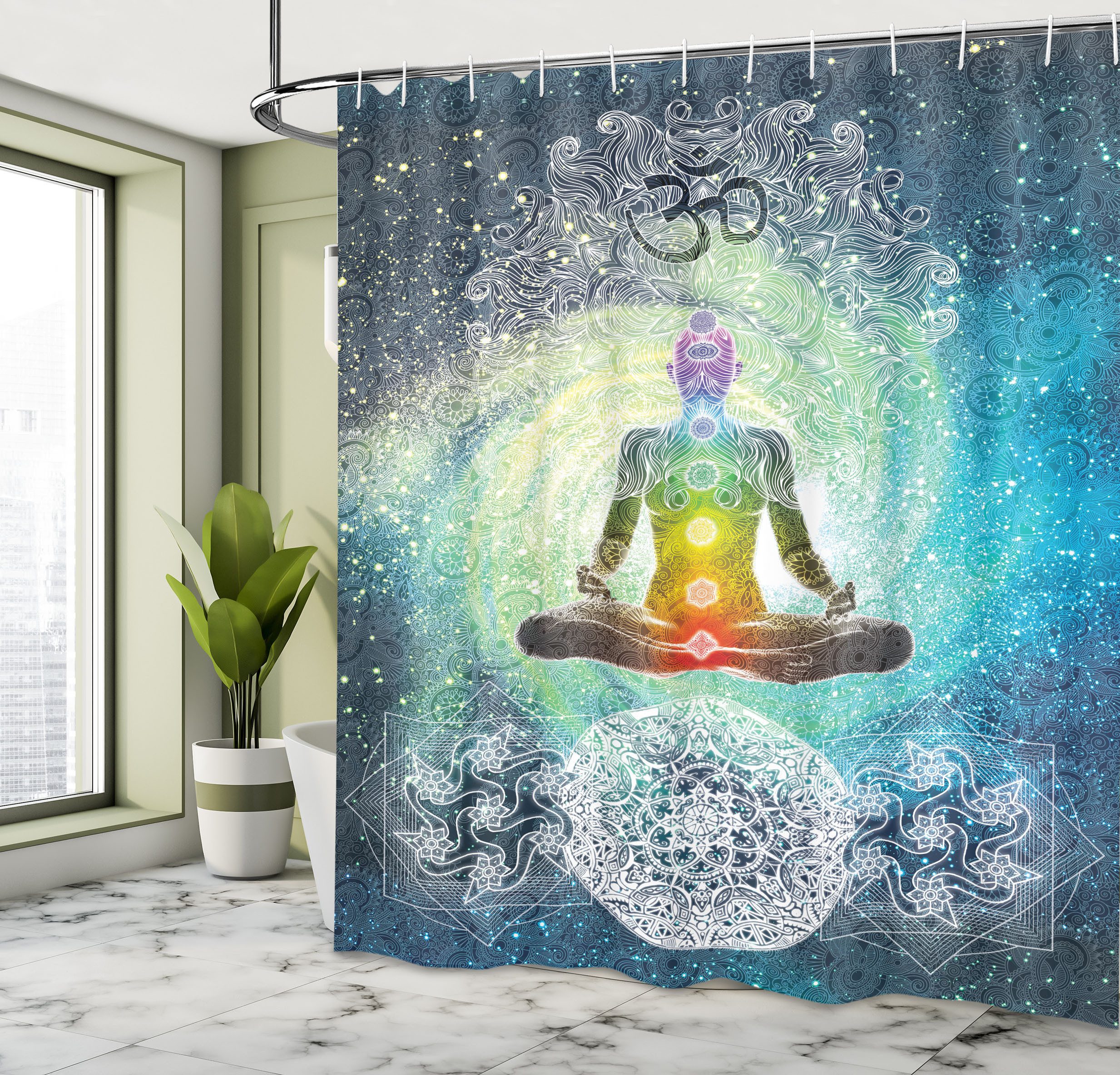 Abakuhaus Duschvorhang Moderner Digitaldruck mit 12 Haken auf Stoff Wasser Resistent Breite 175 cm, Höhe 200 cm, Yoga Mandala Zen Chakra Motiv
