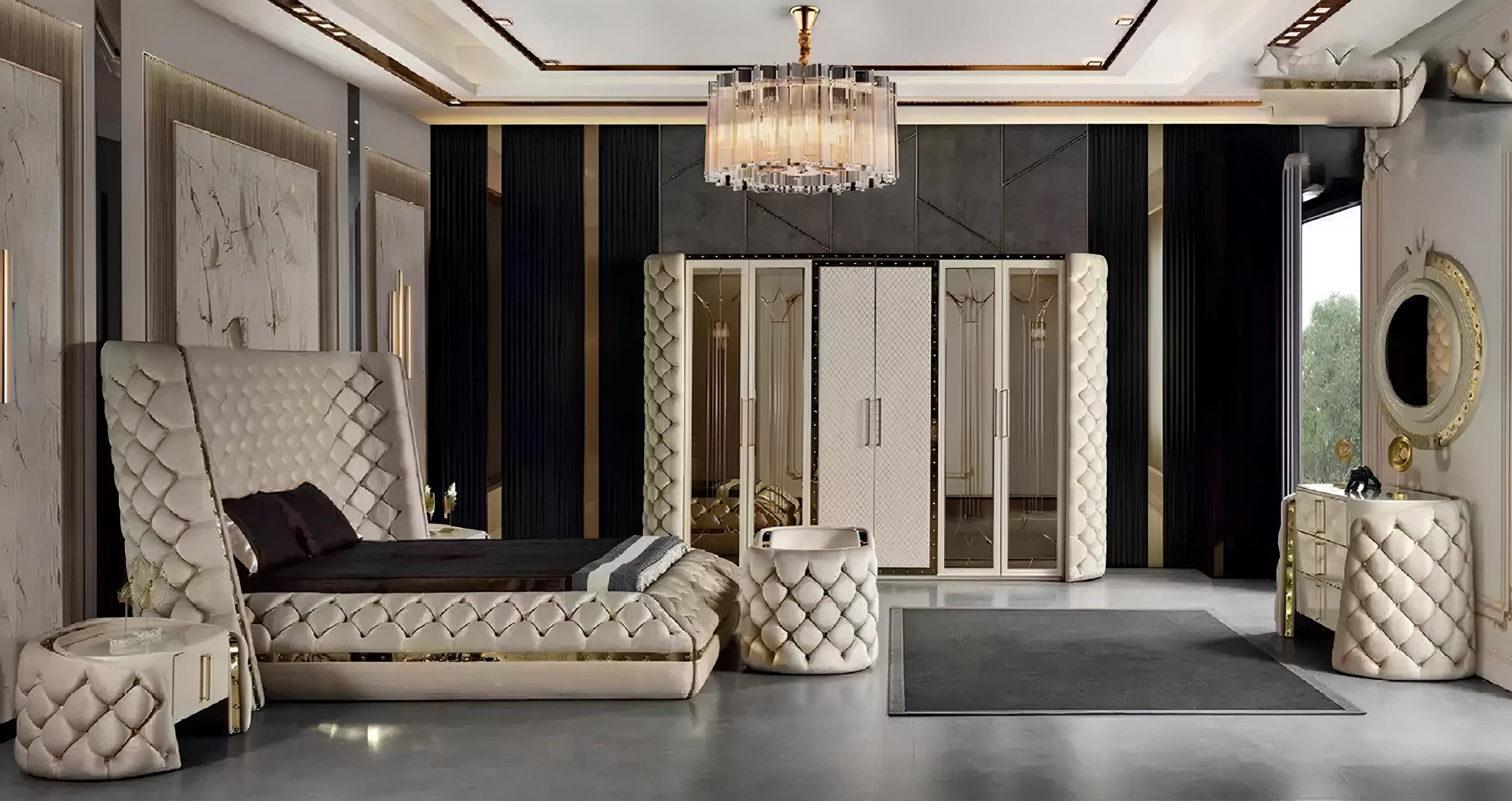 JVmoebel Komplettschlafzimmer Schlafzimmermöbel Chesterfield in elegantem Design mit Spiegel, (7-tlg., Bett/Kleiderschrank/2x Nachttische/Schminktisch/Spiegel/Hocker), Made in Europa