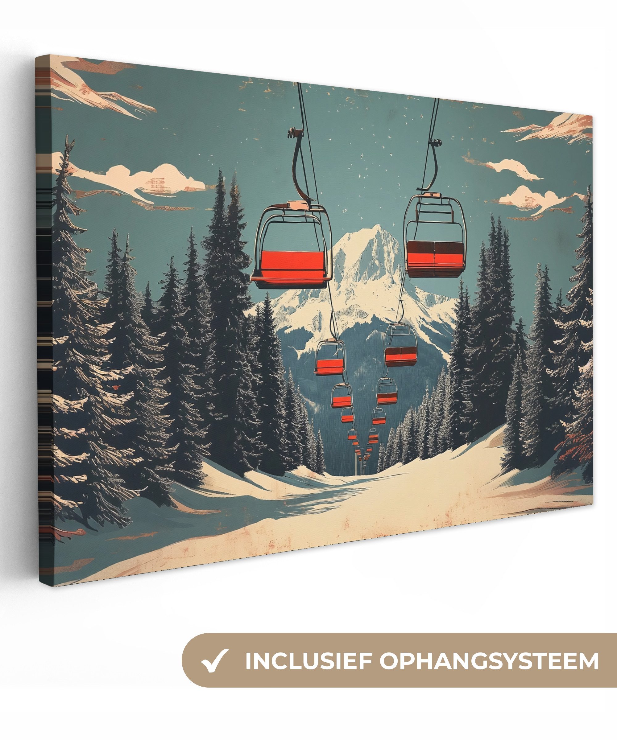 OneMillionCanvasses® Leinwandbild Schnee - Skilift - Rot - Bäume, Fotodruck (1 St), Leinwand Bilder Klein, Wand Dekoration Aesthetic 30x20 cm