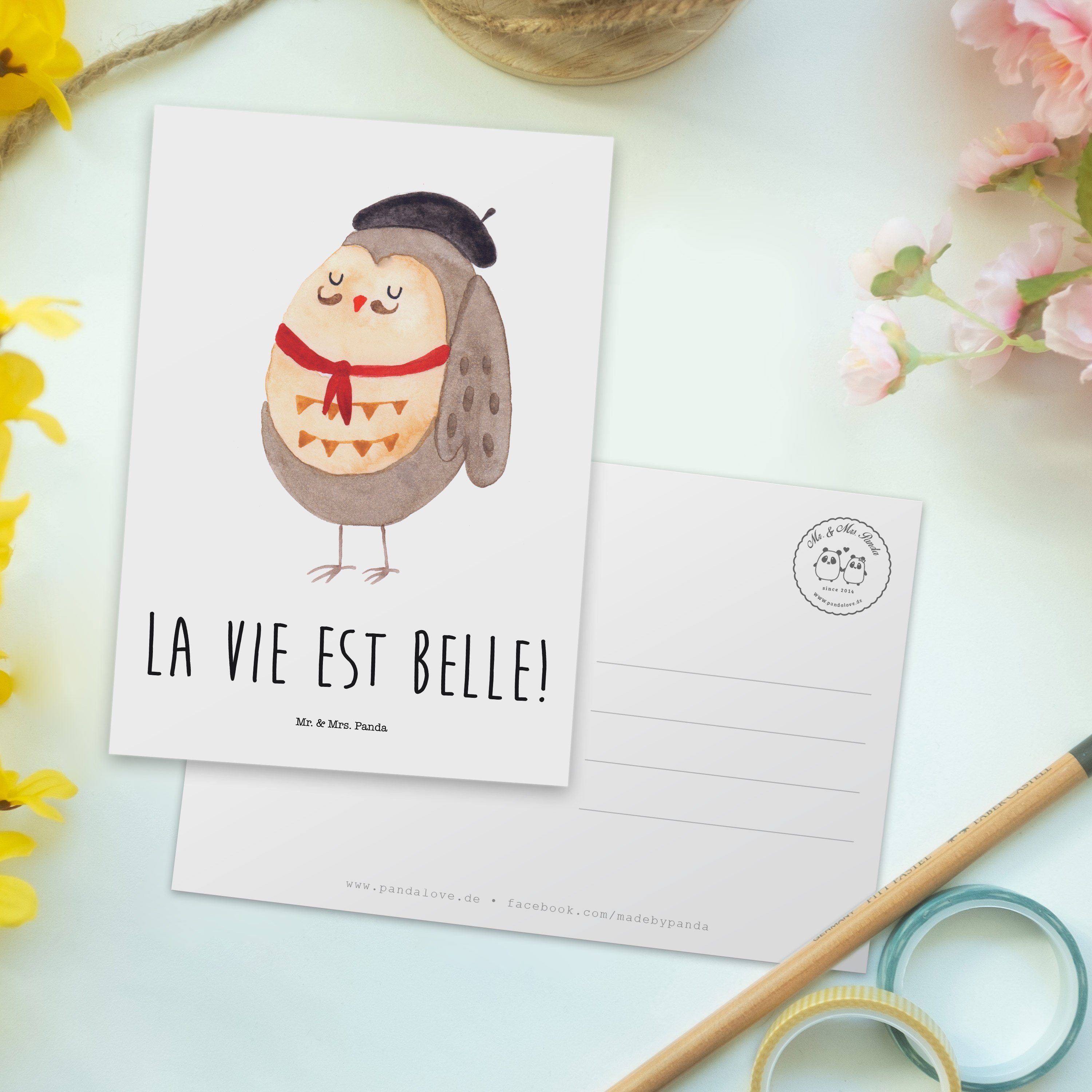 Mrs. Postkarte - das Panda Eule & - hibou, Weiß Französisch glücklich, Grußkarte, Geschenk, Mr.