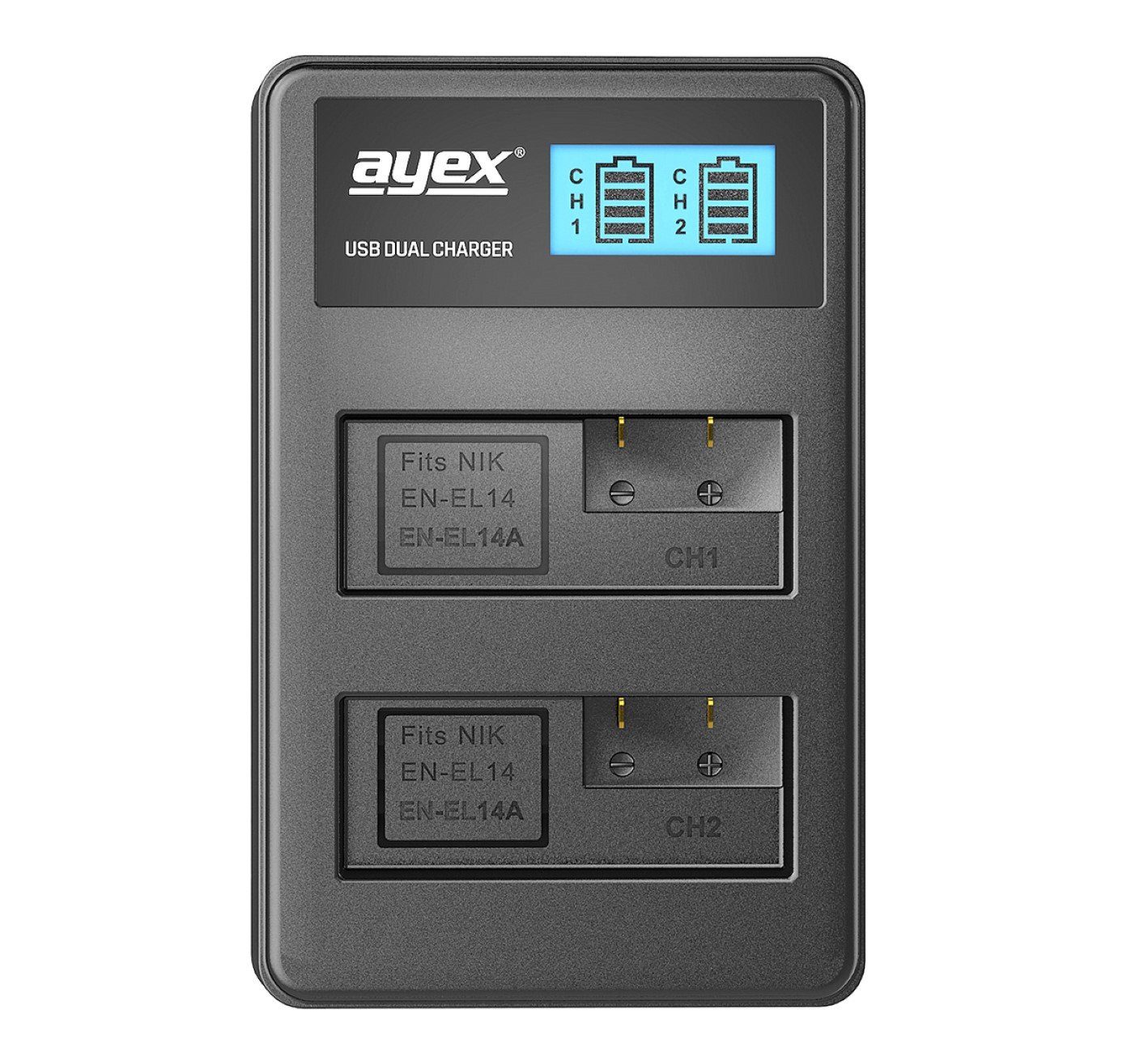 ayex USB Dual Ladegerät für Nikon EN-EL14 Akkus Kamera-Ladegerät
