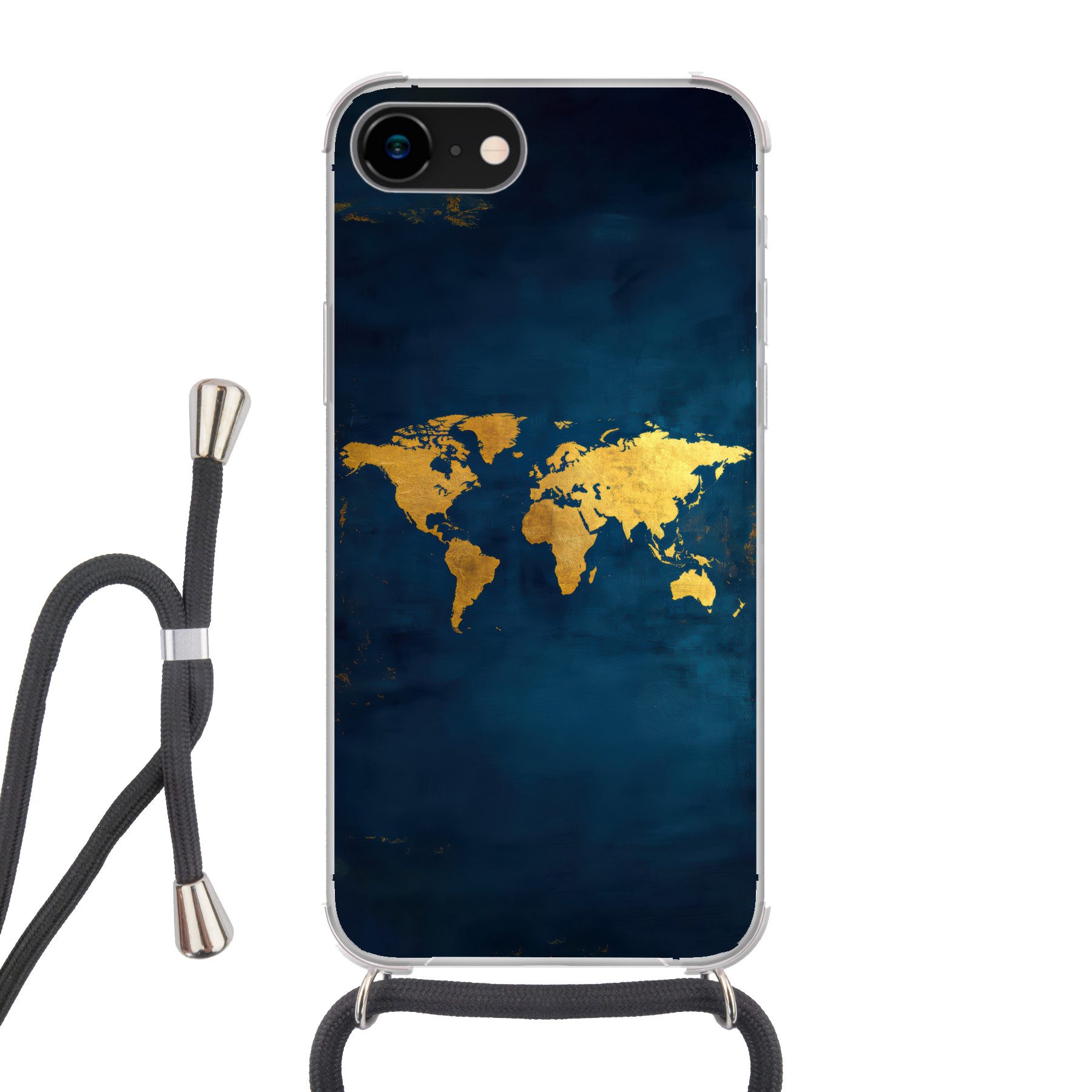 MuchoWow Handyhülle für Apple iPhone 8 Weltkarte - Gold - Dunkelblau, Tragbare Handyhüllen mit Kette zum umhängen, Handykette Handyband