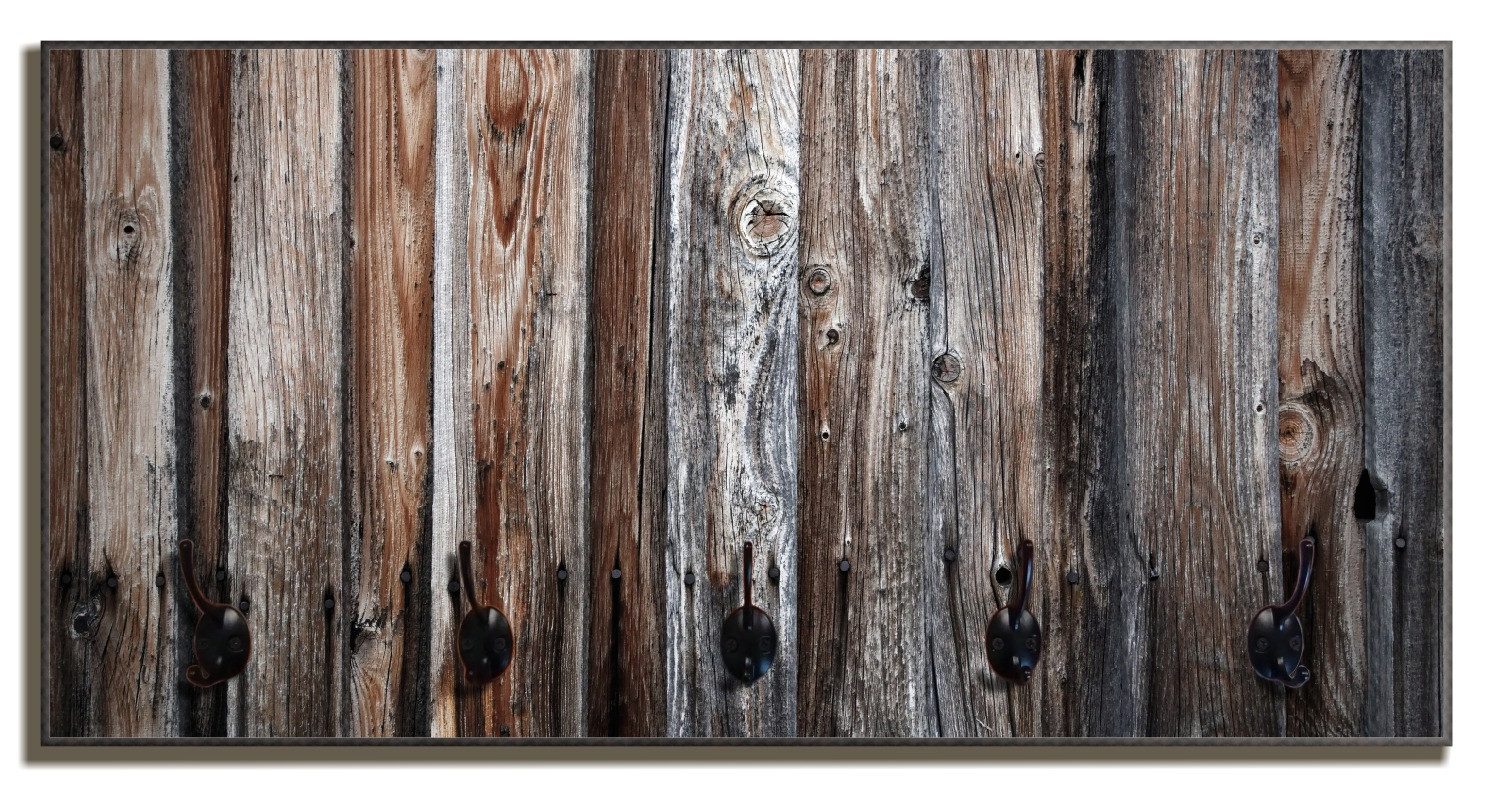 Wallario Garderobenpaneel Alte Holzwand - Holzplanken in grau und braun (1-teilig, inkl. Haken und Befestigung), 80x40cmHolz