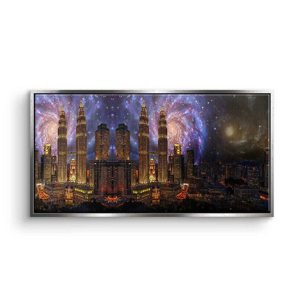 DOTCOMCANVAS® Leinwandbild, Premium Leinwandbild - Pop Art - Stadt der Galaxy - Motivation - Wand silberner Rahmen