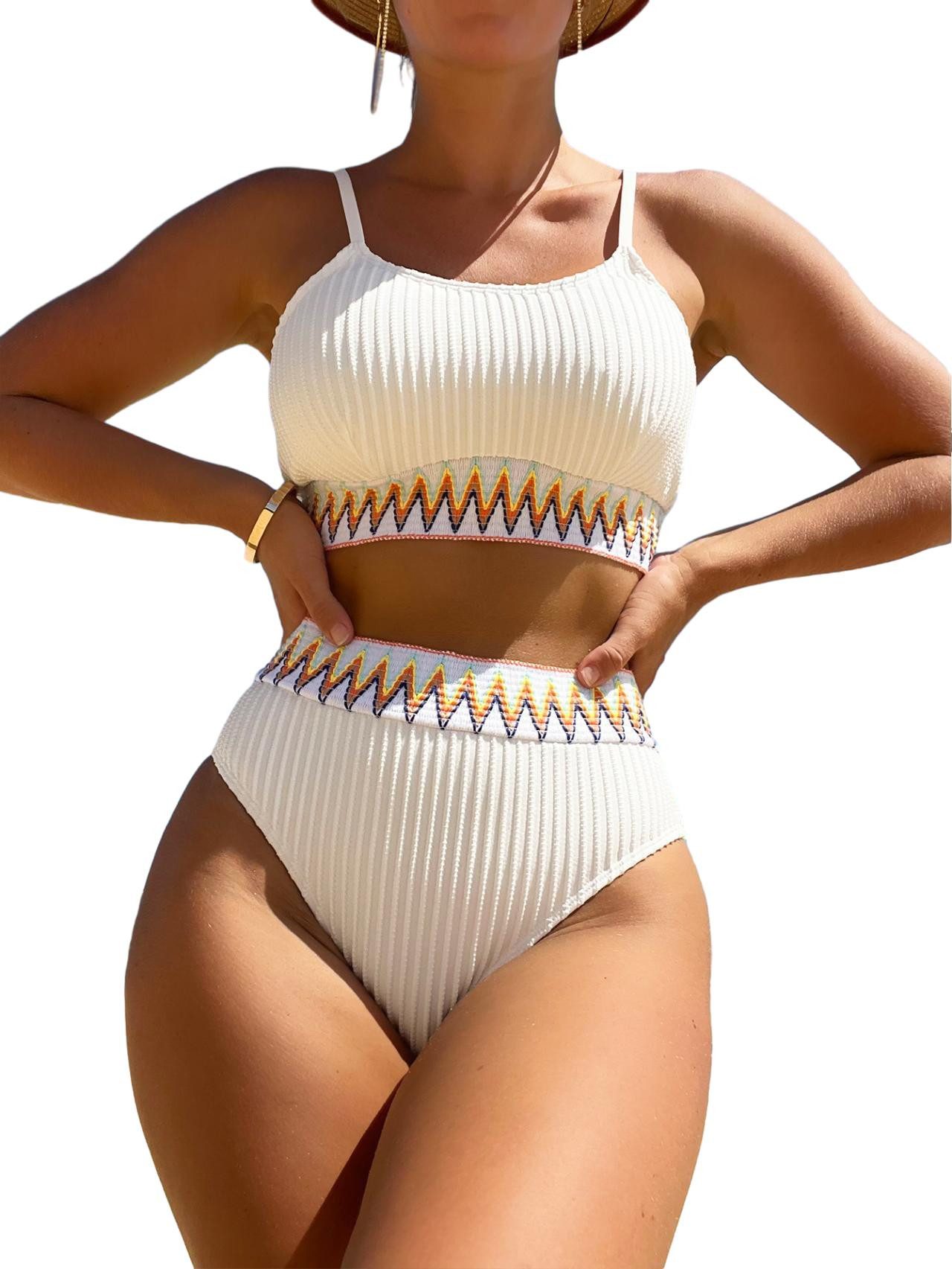 B.X Push-Up-Bikini Damen Badeanzug mit hoher Taille, zweiteilige Bikini-Sets Badeanzüge Geripptes hoch tailliertes Bikini-Set mit Bauchkontrolle 2-teilig