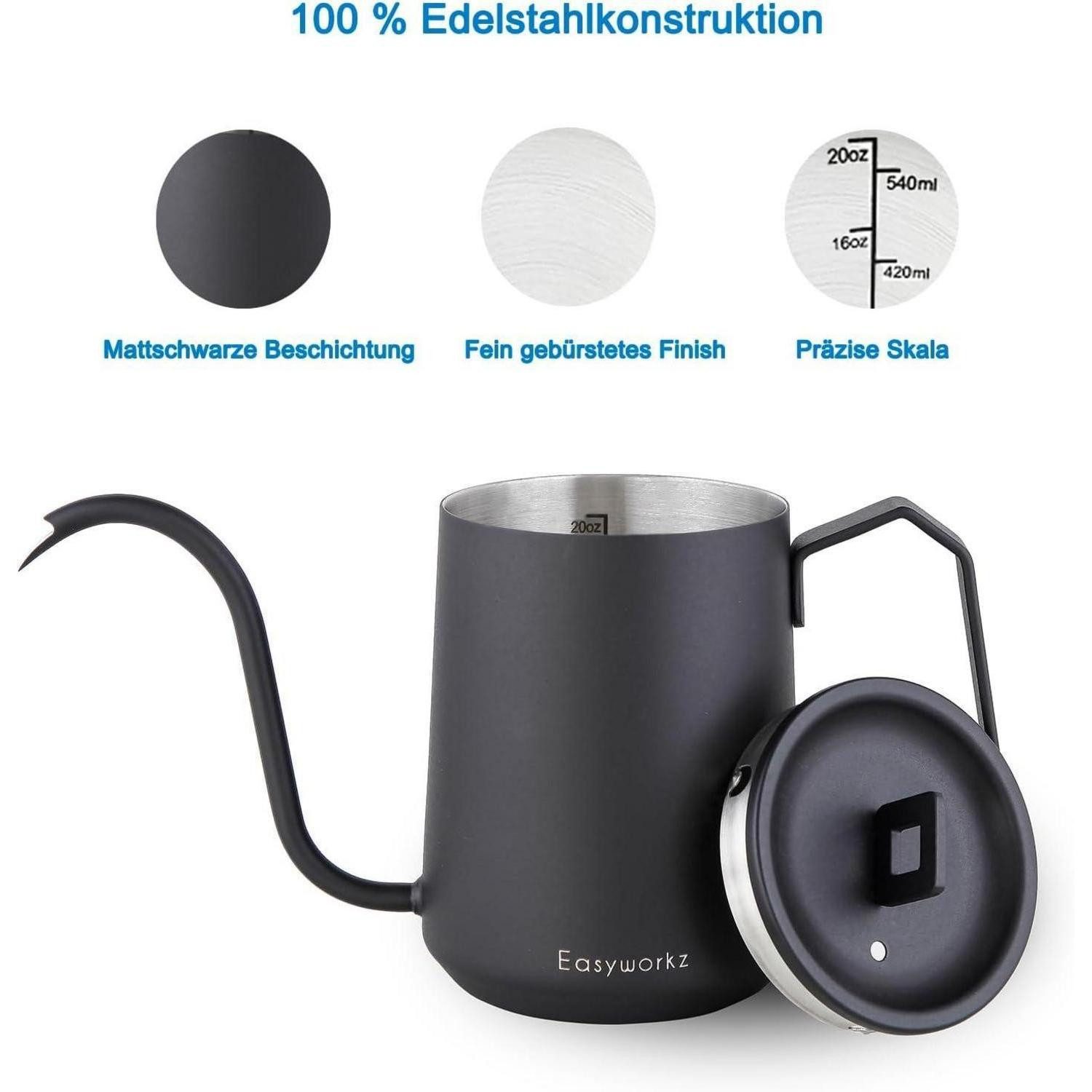 LuxusKollektion Kaffeekanne Kaffeekanne Schwanenhals Edelstahl 600ml Handtropfen Mattschwarz