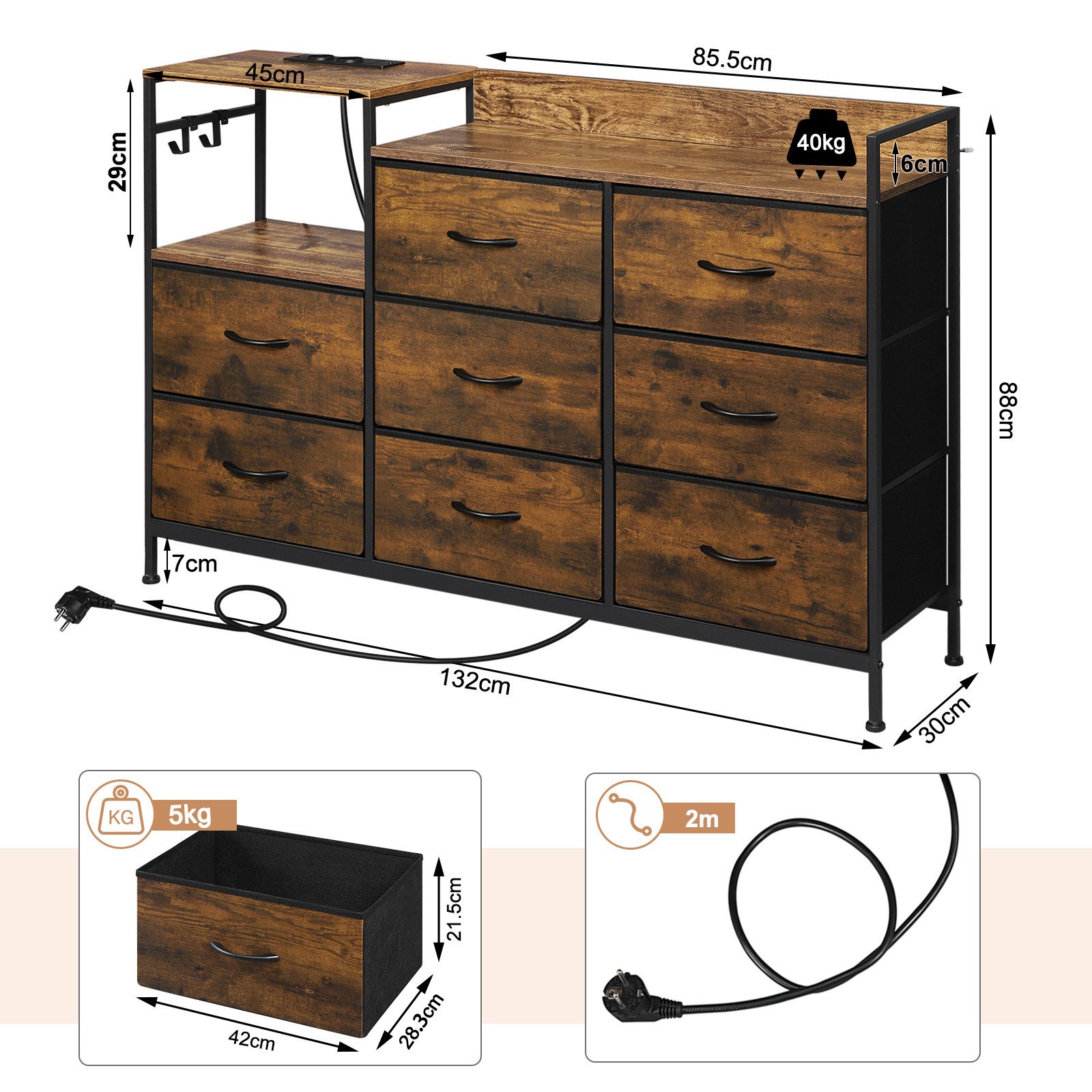 Woltu Kommode (1 St), mit 8 Schubladen Steckdosen, Metallrahmen Holzwerkstoff